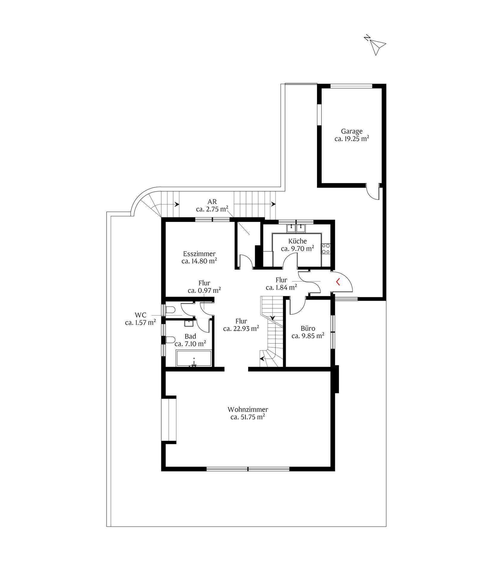 Grundriss des Erdgeschosses mit Wohnzimmer, Esszimmer, Küche, Büro, Bad und Garage.