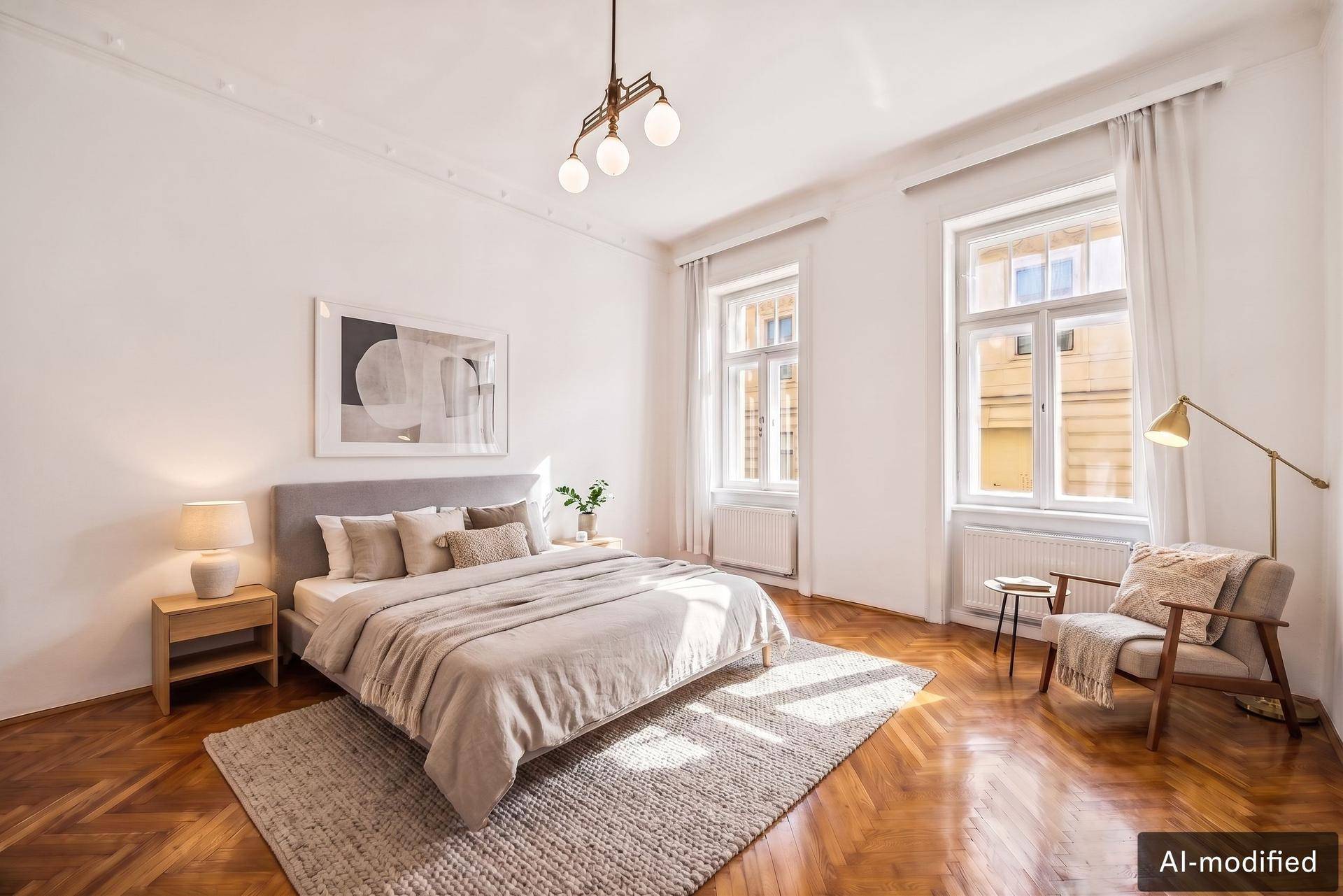 Gemütliches Schlafzimmer mit großem Bett, Fischgrätparkett und viel Tageslicht durch die Fenster.