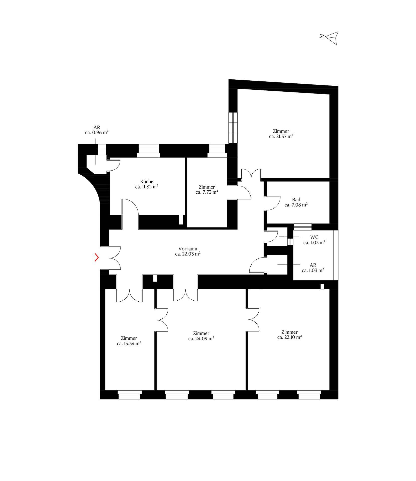 Grundriss der Wohnung mit mehreren Zimmern, Küche, Bad und WC, inklusive Flächenangaben.
