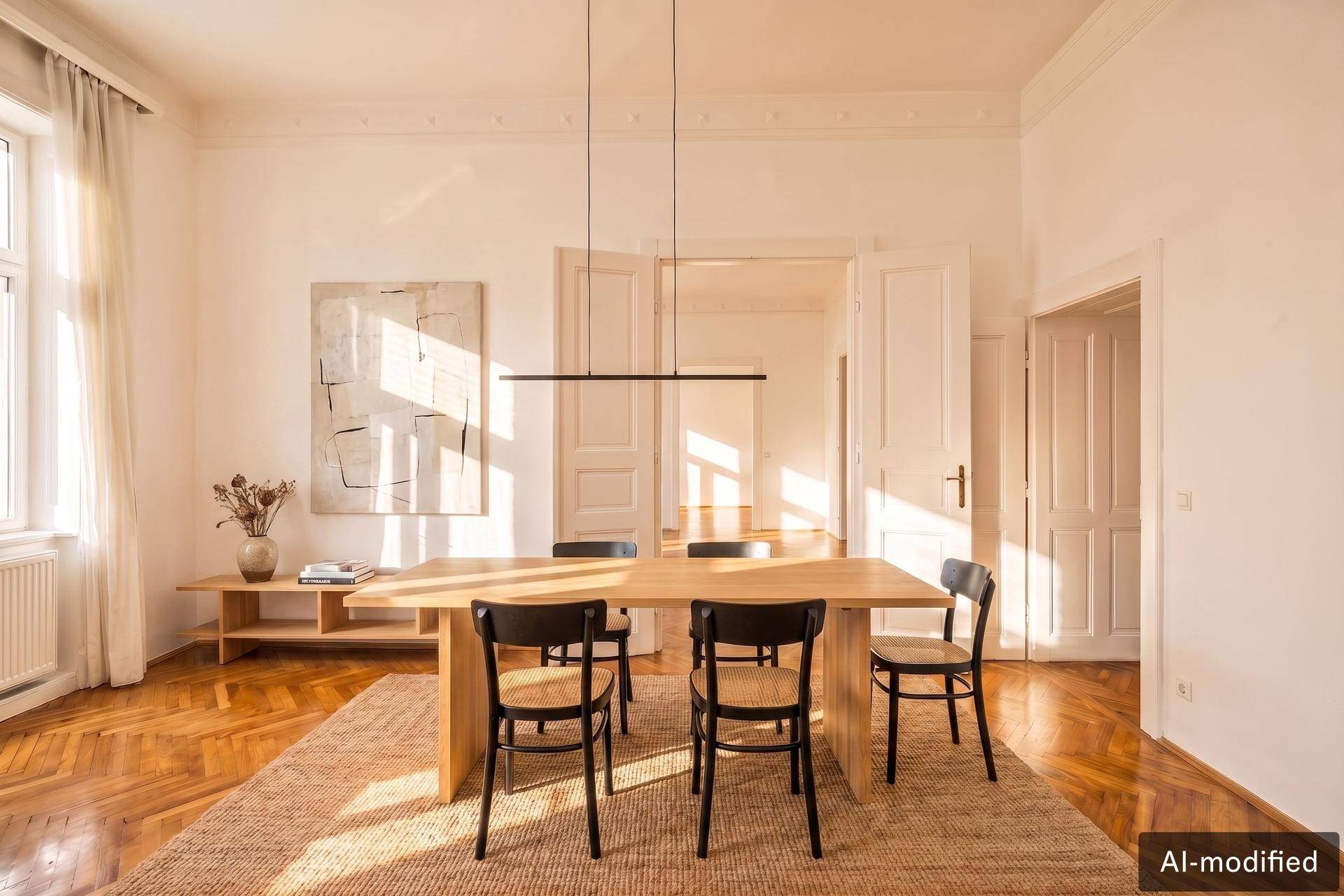 Geräumiger Essbereich mit Holztisch, modernen Stühlen und Fischgrätparkett, ideal für gesellige Runden.