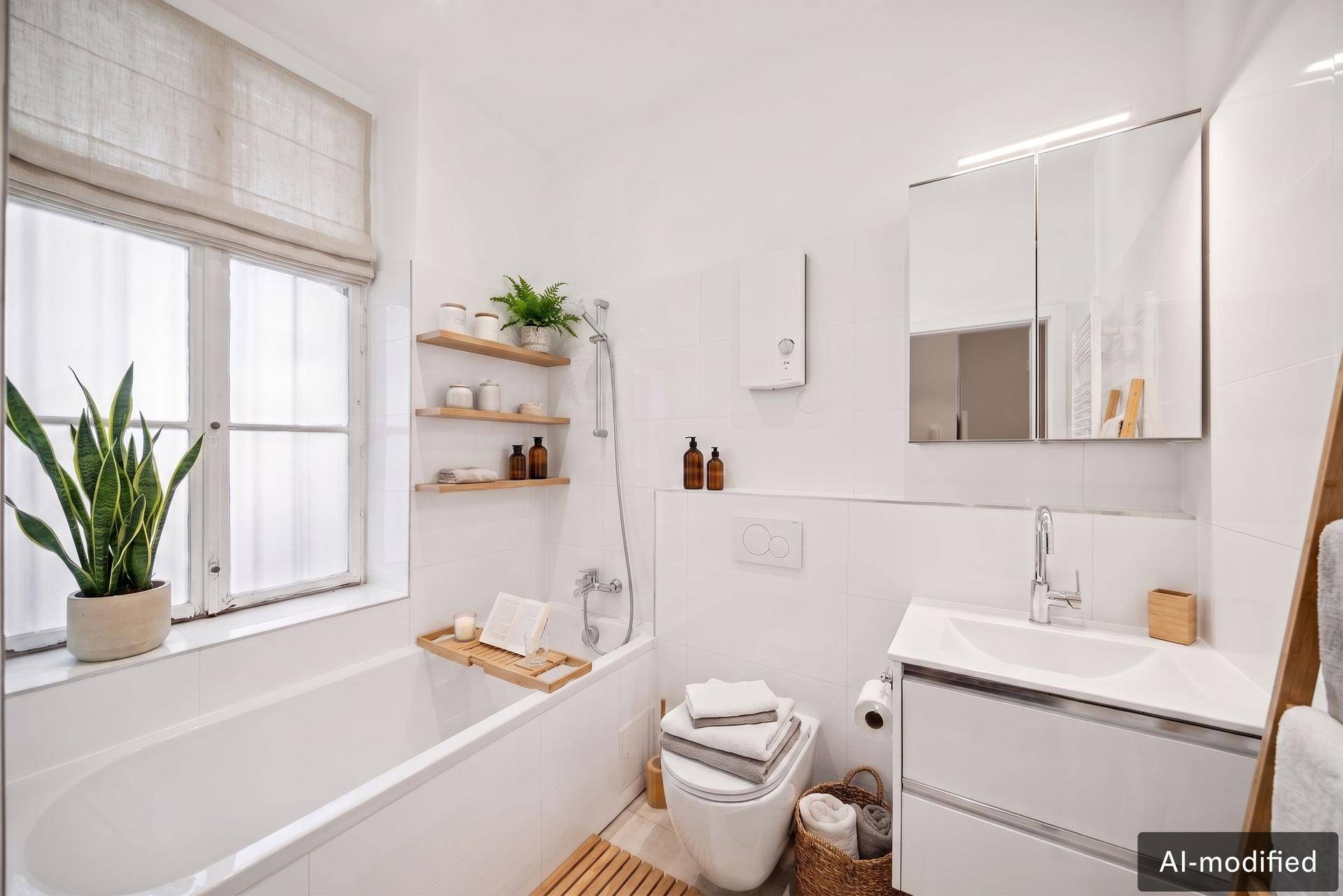 Modernes Badezimmer mit Badewanne, WC, Waschbecken und Fenster, hell und funktional gestaltet.