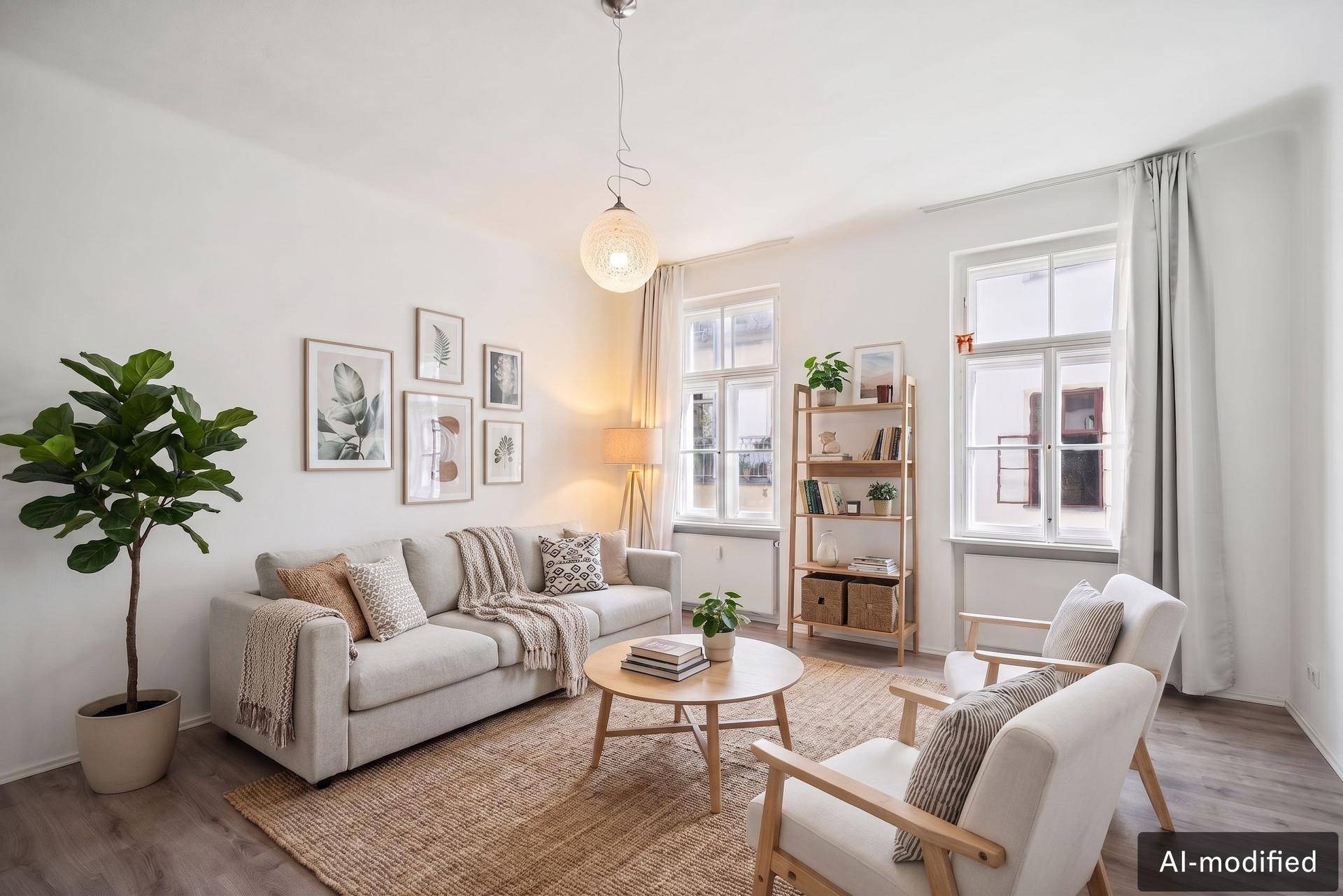 Gemütliches Wohnzimmer mit hellem Sofa, Holztisch und natürlicher Dekoration, durchflutet von Tageslicht.