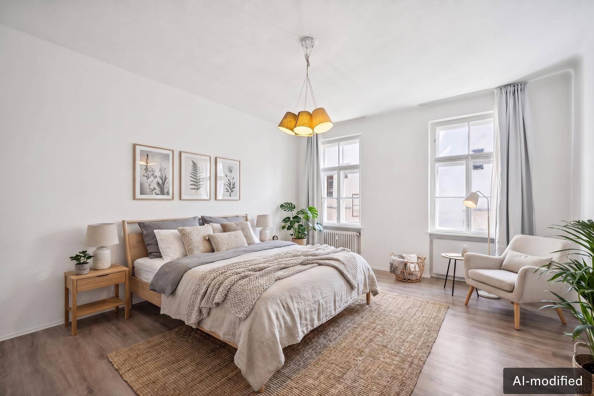 Helles Schlafzimmer mit großem Bett, Nachttischen und bequemen Sessel, ideal zum Entspannen.