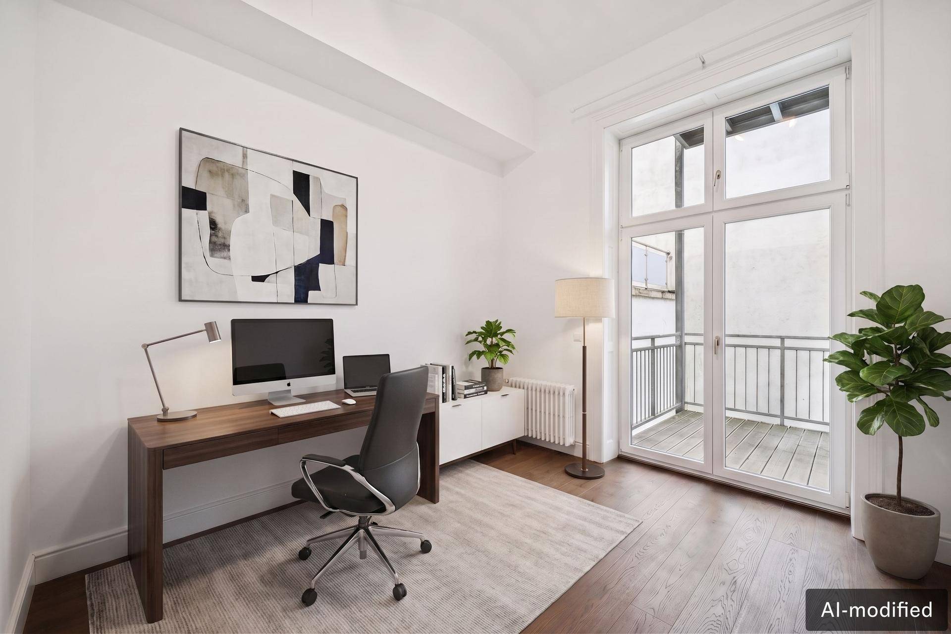 Modernes Arbeitszimmer mit Holzschreibtisch, Bürostuhl und Zugang zu einem französischen Balkon.