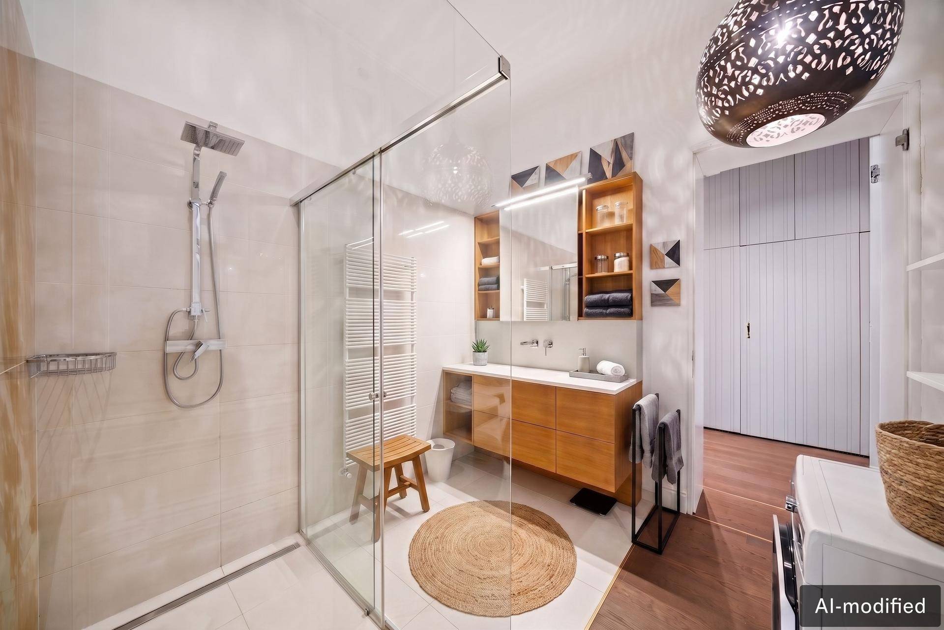 Modernes Badezimmer mit begehbarer Dusche, Holzwaschtisch und beheiztem Handtuchhalter.