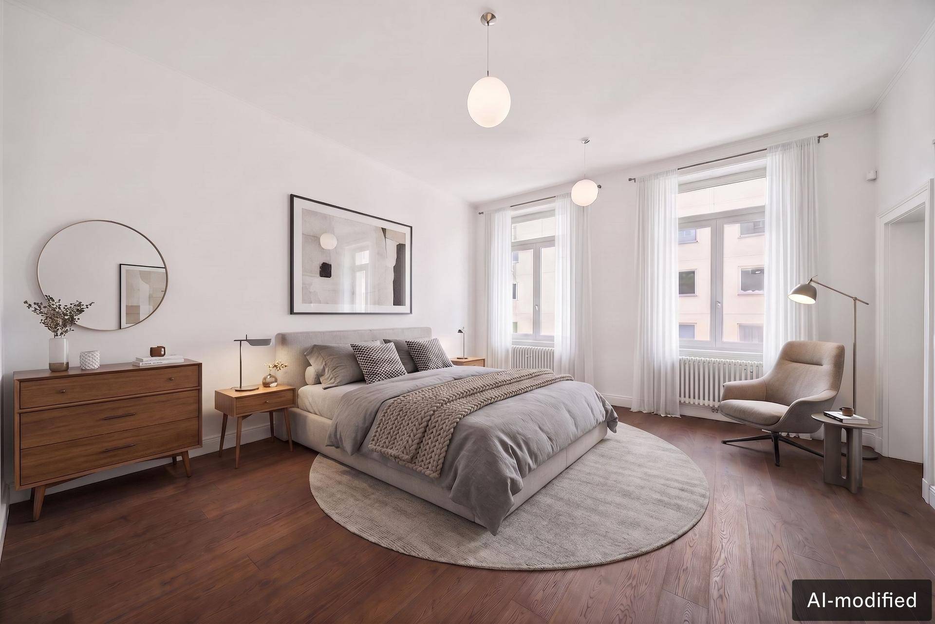 Helles Schlafzimmer mit großem Doppelbett, Holzboden und zwei hohen Fenstern mit weißer Gardine.