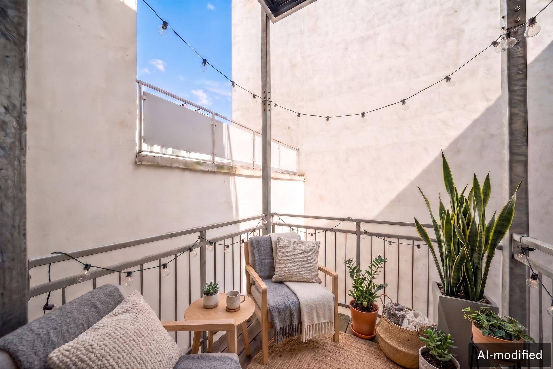 Gemütlicher Balkon mit Sitzgelegenheiten, Pflanzen und stimmungsvoller Lichterkette.