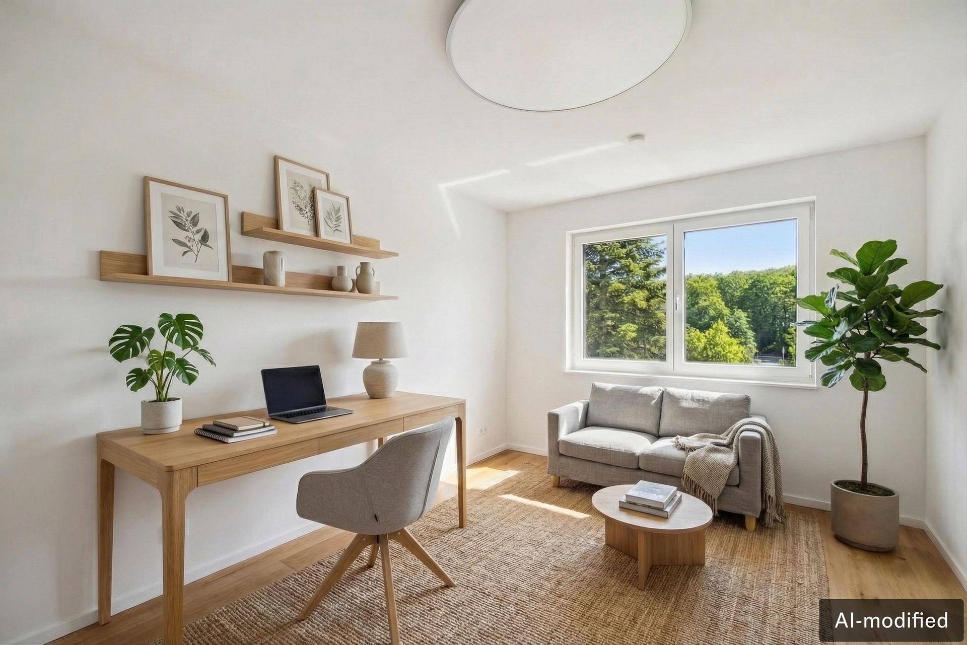 Helles Arbeitszimmer mit Schreibtisch, Sofa und großem Fenster mit Blick ins Grüne.