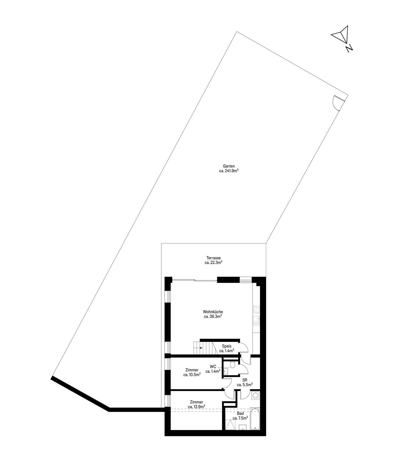 Grundriss des Erdgeschosses mit Wohnküche, Zimmern, Bad, WC, Terrasse und Garten.