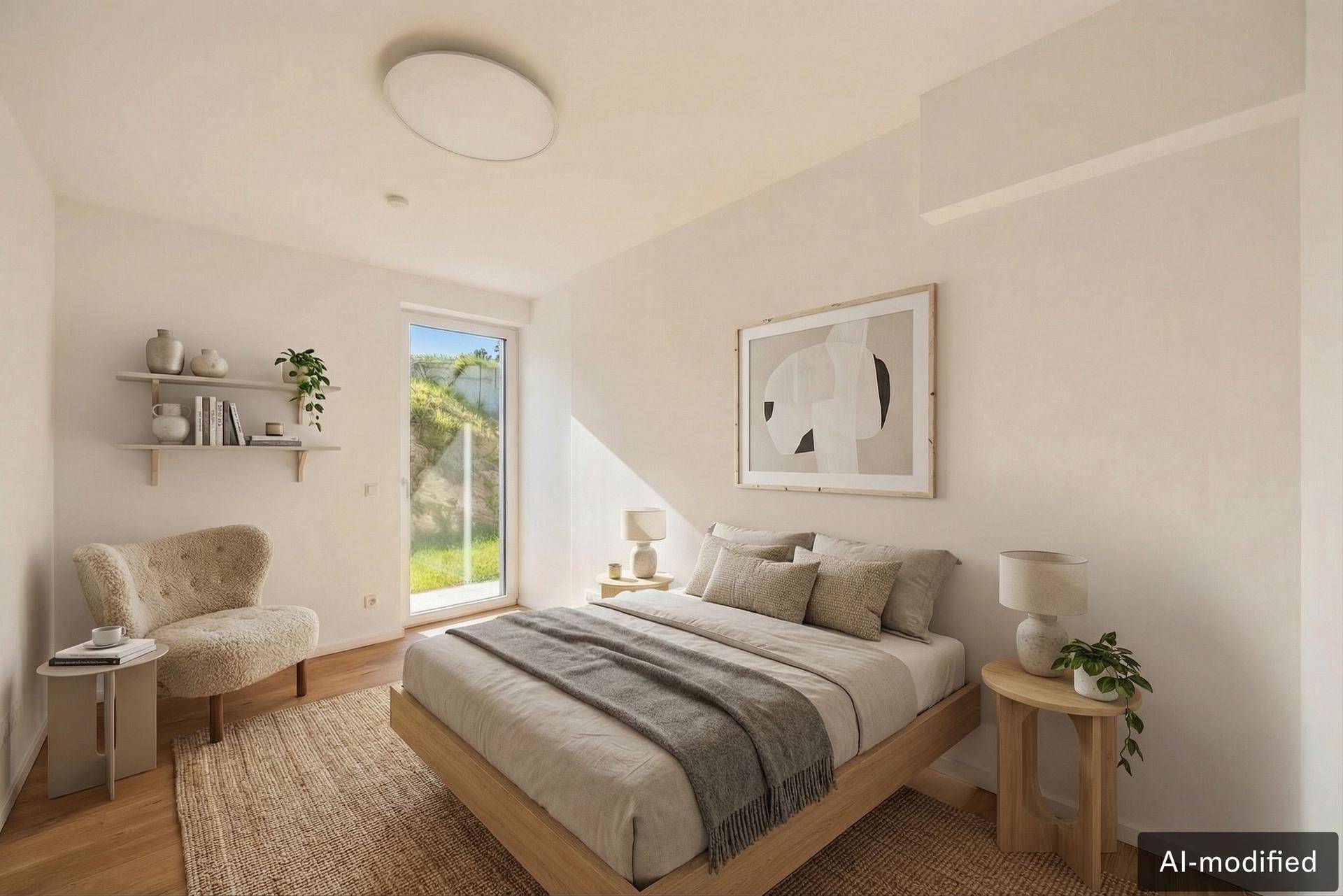 Helles Schlafzimmer mit Holzbett, gemütlichem Sessel und Blick ins Grüne.