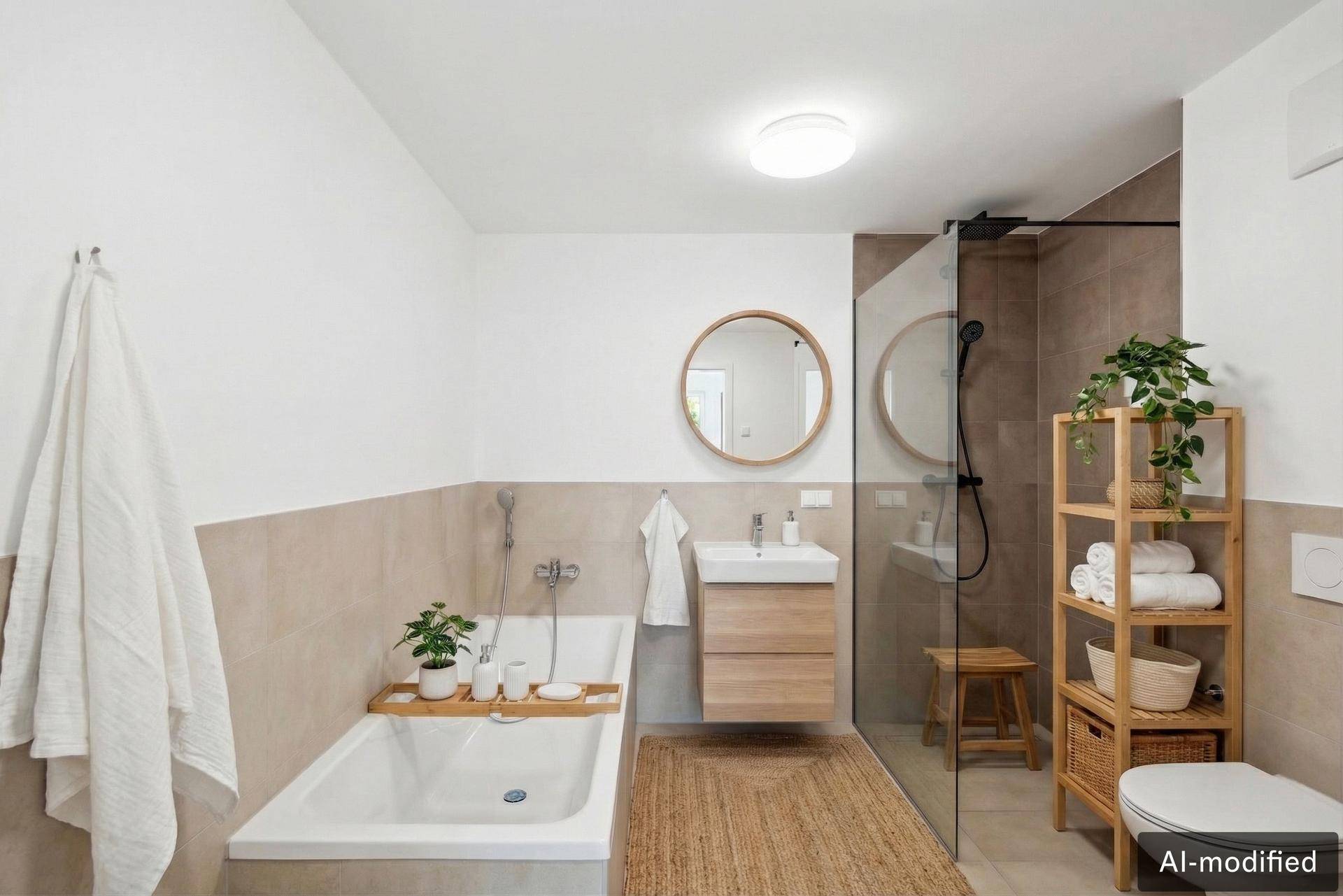 Modernes Badezimmer mit Badewanne, begehbarer Dusche und stilvollen Fliesen.