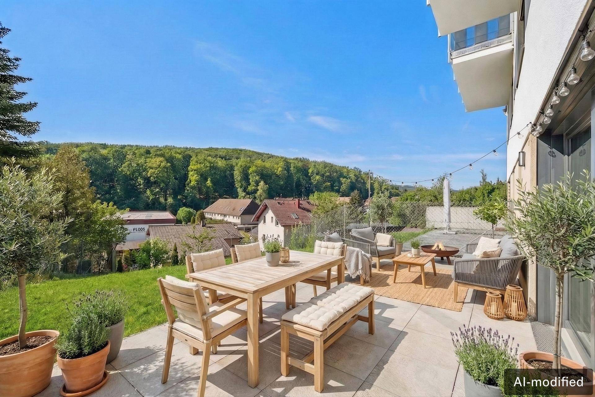 Geräumige Terrasse mit Esstisch und Blick auf die umliegende grüne Landschaft.