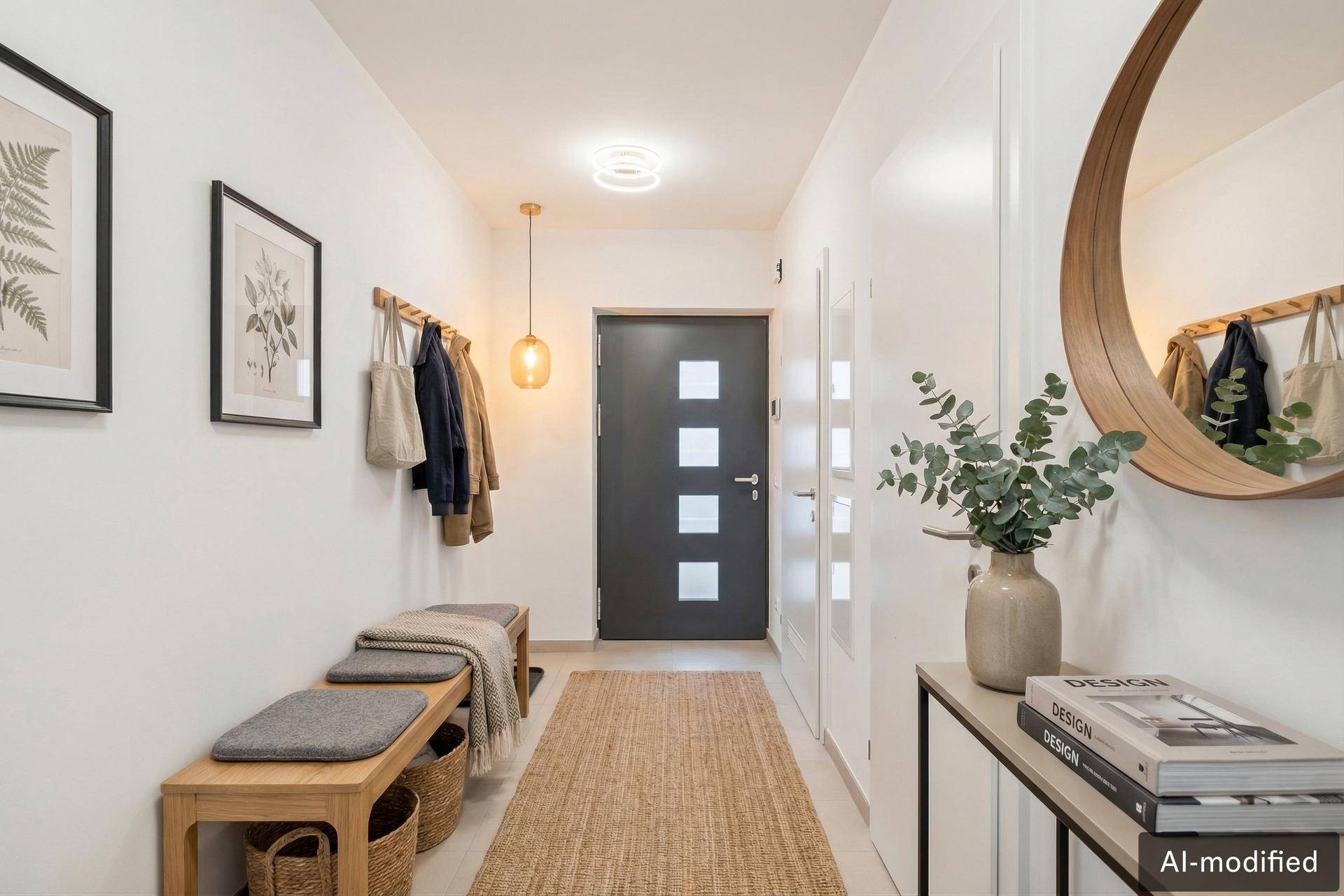Heller Eingangsbereich mit Holzbänken, Garderobe und großem runden Spiegel.