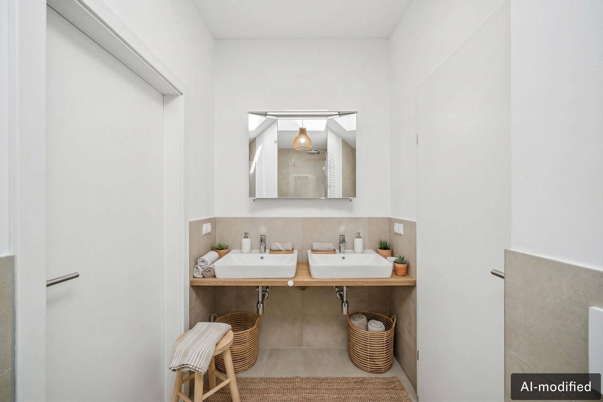 Modernes Badezimmer mit Doppelwaschbecken, Holzablage und Spiegelschrank.
