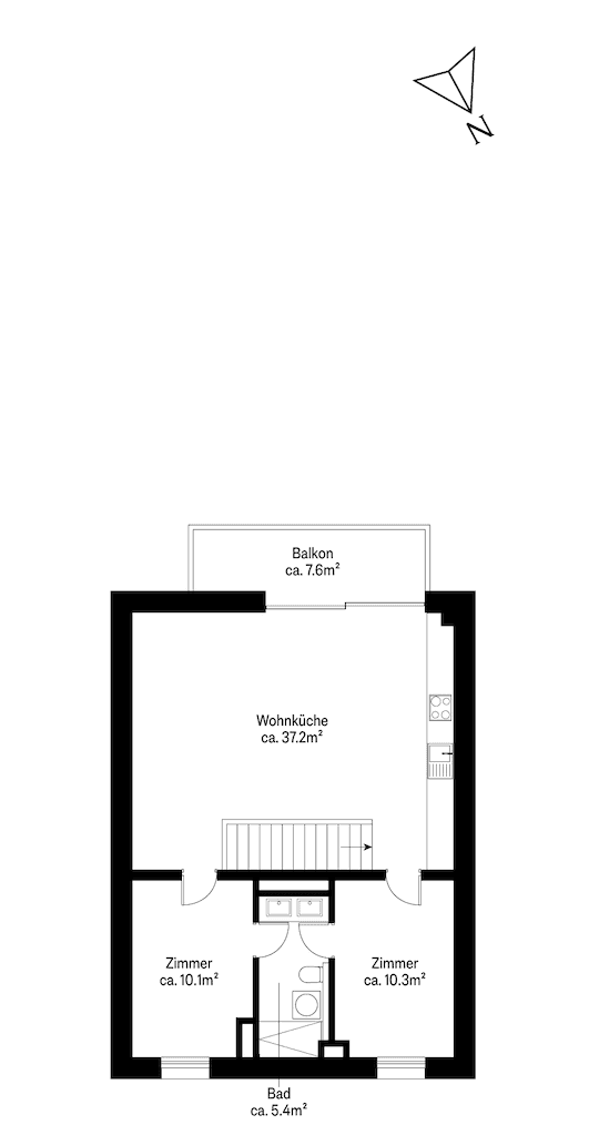 Grundriss des Obergeschosses mit Wohnküche, zwei Zimmern, Bad und Balkon.