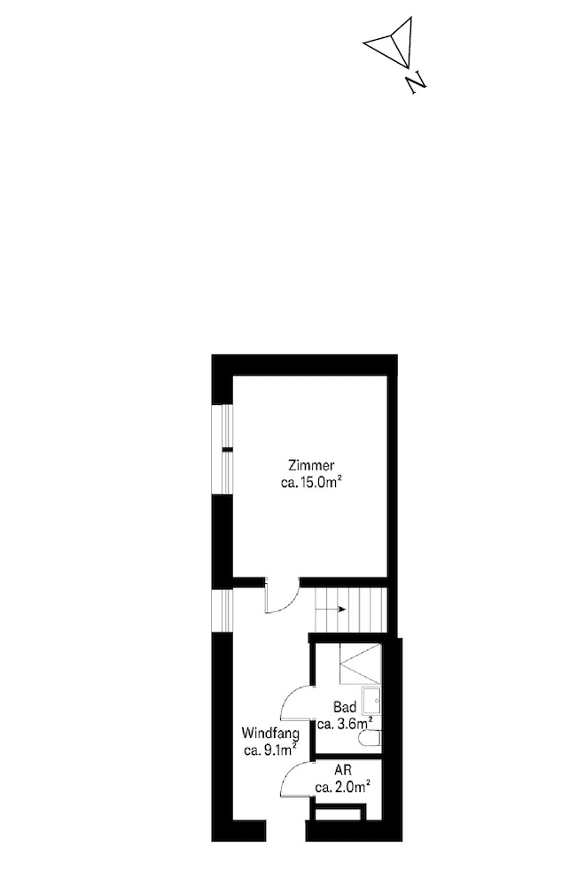 Grundriss des Erdgeschosses mit Zimmer, Windfang, Bad und Abstellraum.