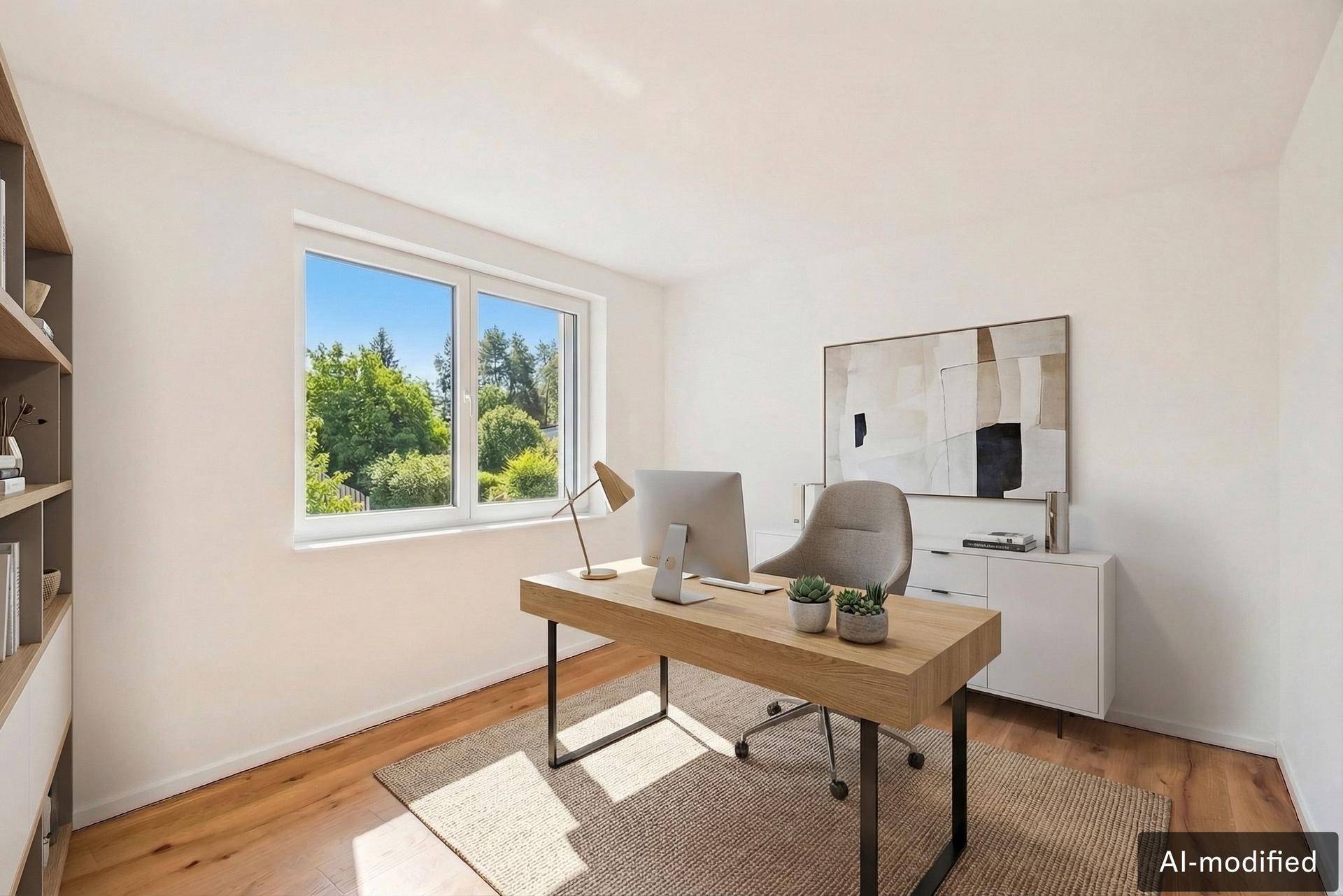 Helles Arbeitszimmer mit modernem Schreibtisch, Bücherregal und Blick ins Grüne.