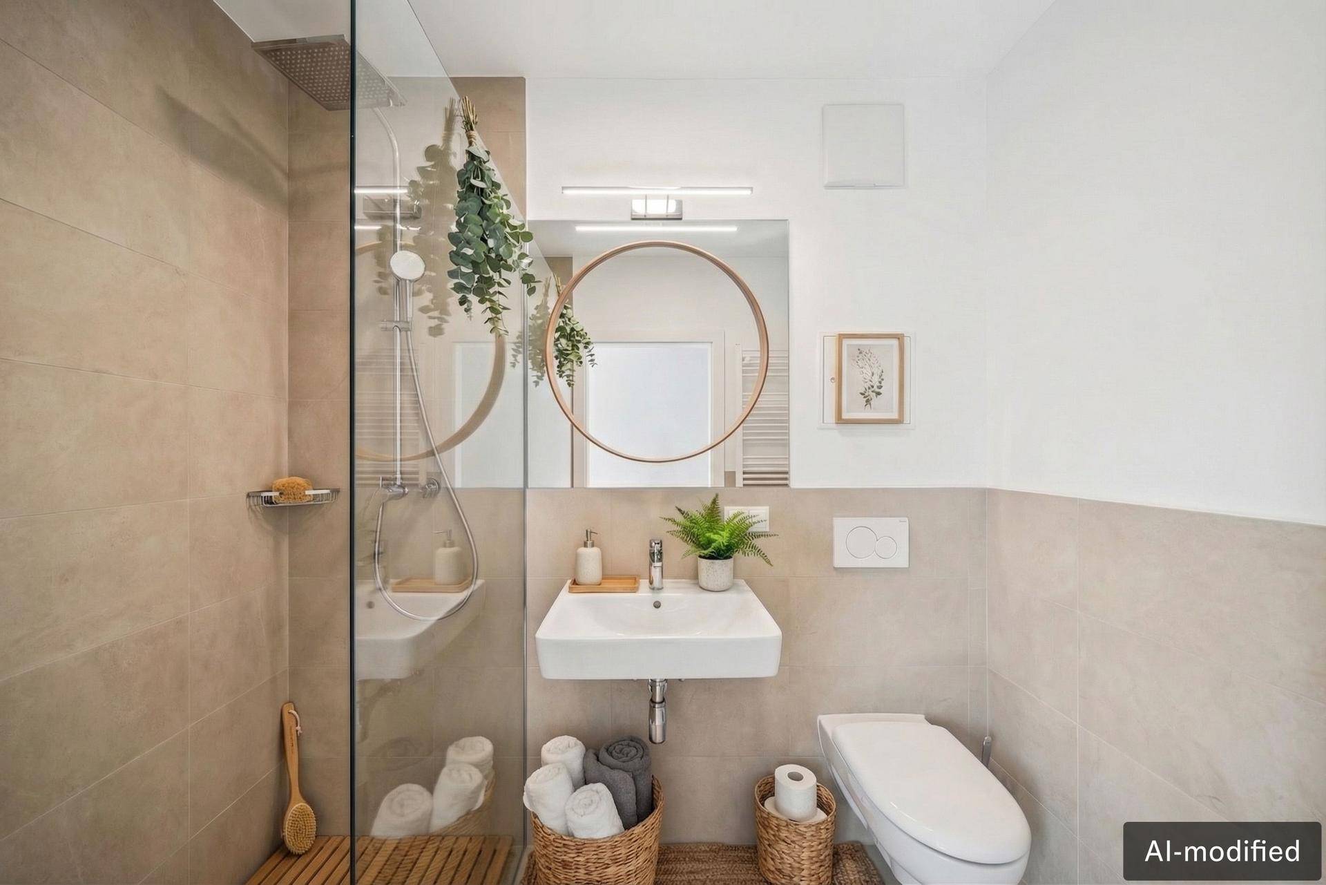 Modernes Badezimmer mit begehbarer Dusche, Einzelwaschbecken und Wand-WC.