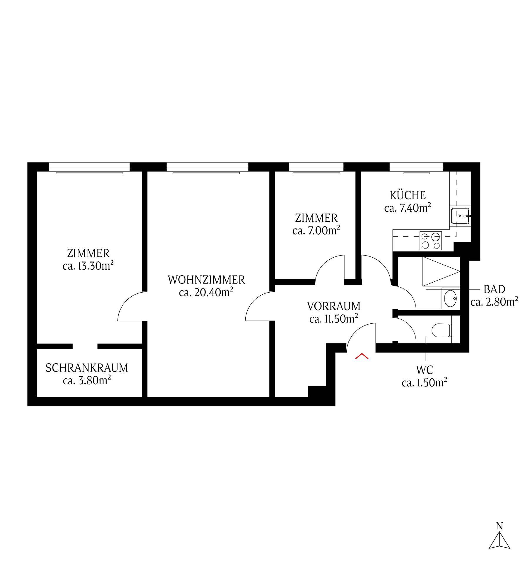 Grundriss der Wohnung mit Zimmern, Wohnzimmer, Küche, Bad und WC.