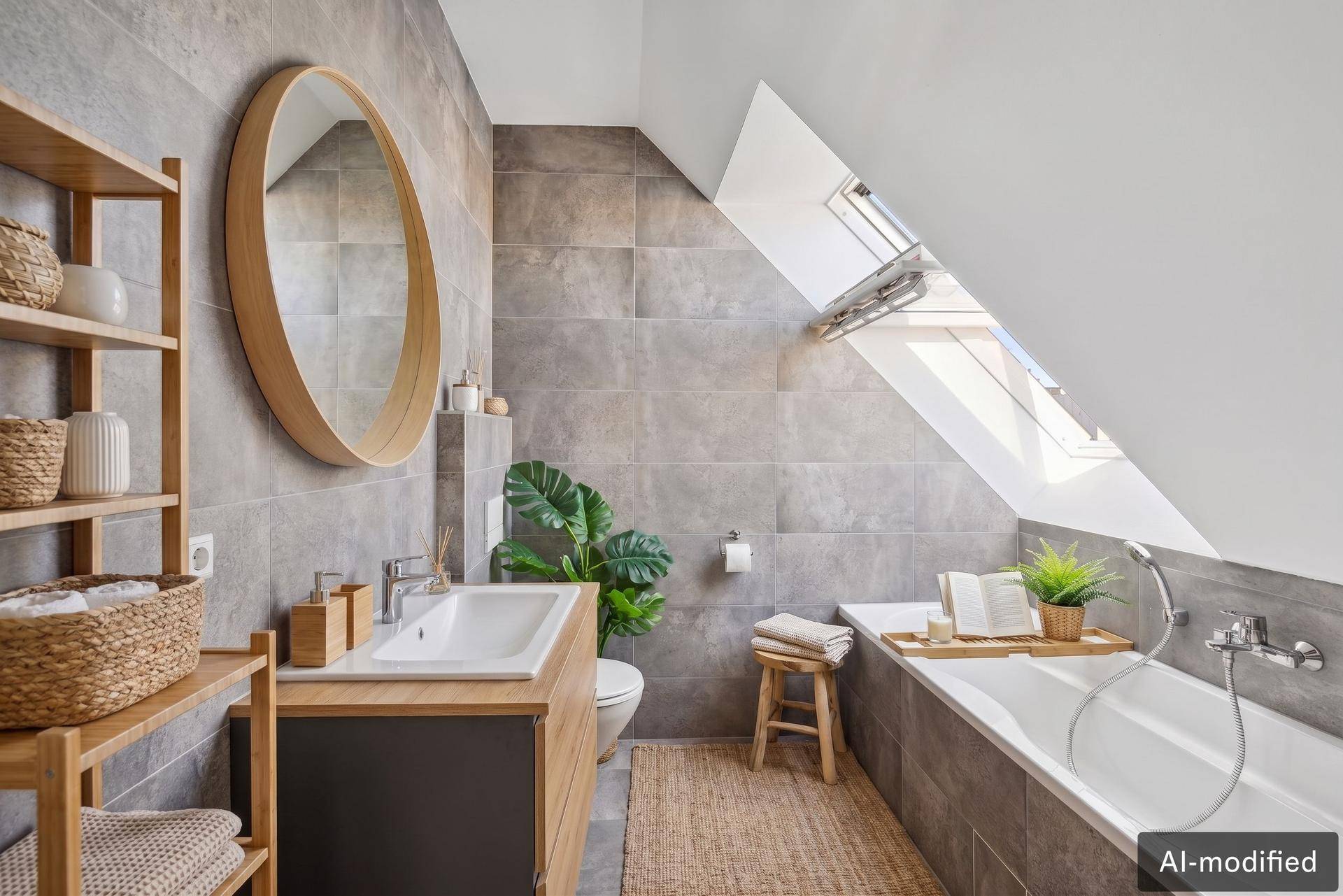 Modernes Badezimmer mit grauen Fliesen, Badewanne und Waschtischunterschrank im Dachgeschoss.
