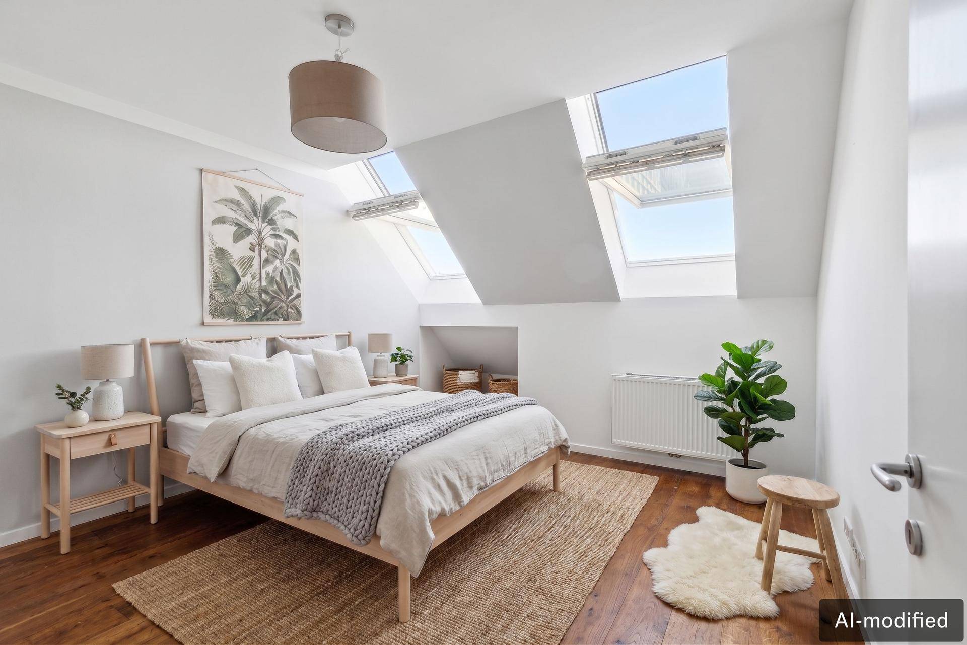 Helles Schlafzimmer im Dachgeschoss mit Holzbett, Holzboden und großen Dachfenstern für eine angenehme Atmosphäre.