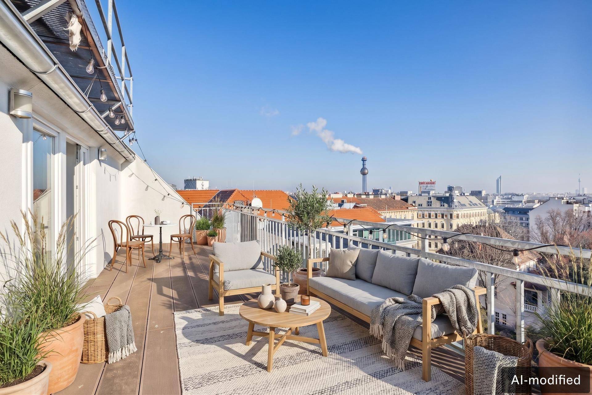 Große Dachterrasse mit Stadtblick, bequemen Loungemöbeln und Pflanzen für entspannte Stunden im Freien.
