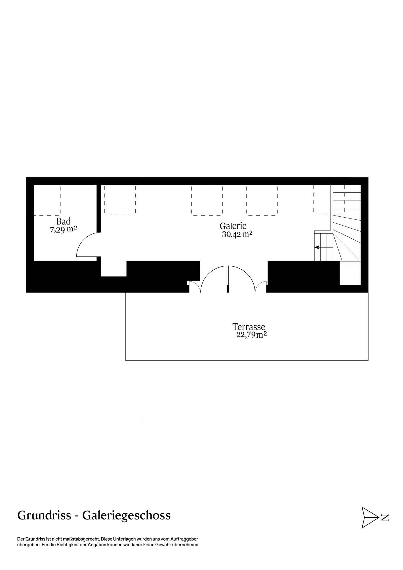 Grundriss des Galeriegeschosses mit Bad und großer Terrasse.