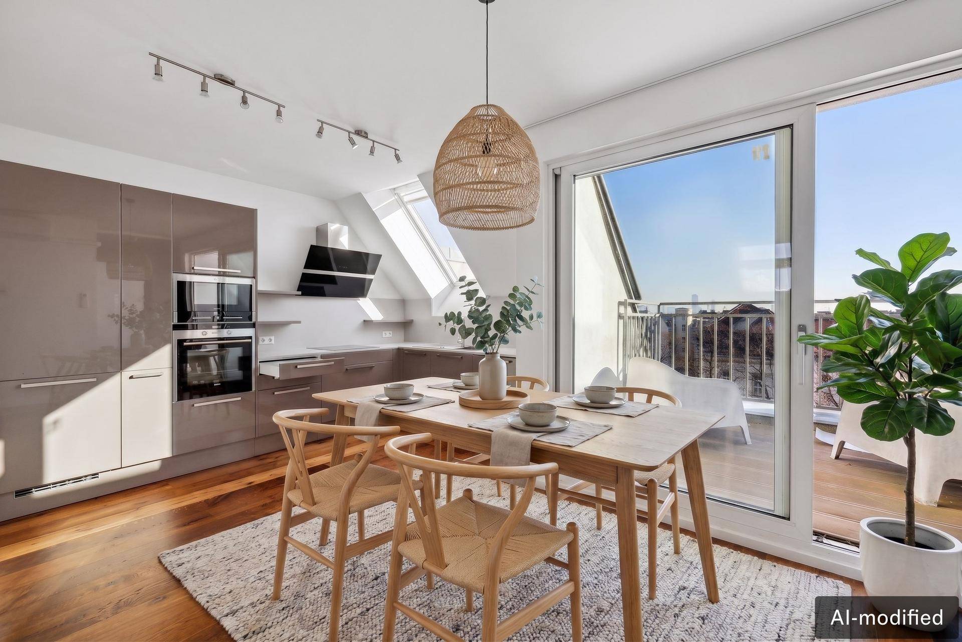Moderne Einbauküche mit Essbereich, glänzenden Fronten und Zugang zu einer sonnigen Terrasse.