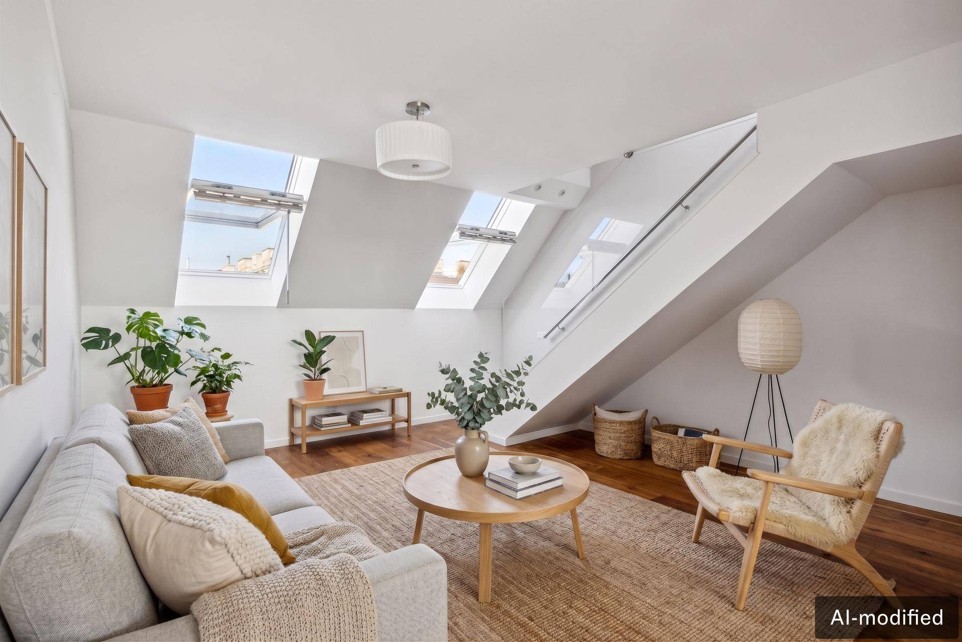 Gemütliches Wohnzimmer im Dachgeschoss mit bequemer Couch, Holzboden und mehreren Dachfenstern für viel Licht.
