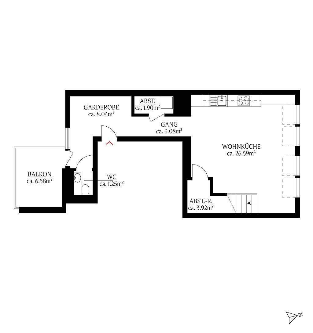 Grundriss des unteren Geschosses mit Wohnküche, Balkon und Abstellräumen.