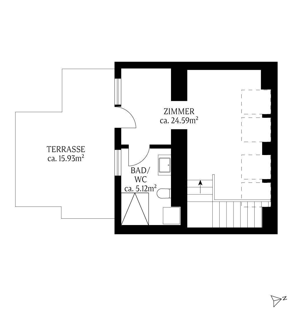 Grundriss des oberen Geschosses mit Schlafzimmer, Bad und großer Terrasse.