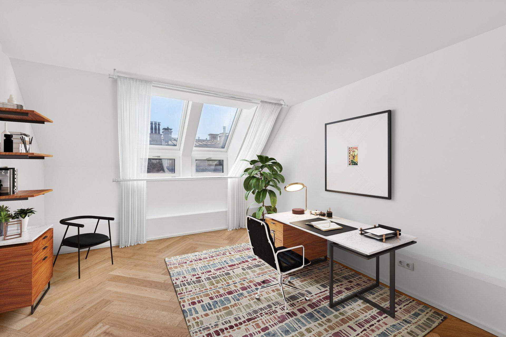 Helles Arbeitszimmer im Dachgeschoss mit Dachfenstern und modernem Schreibtisch.