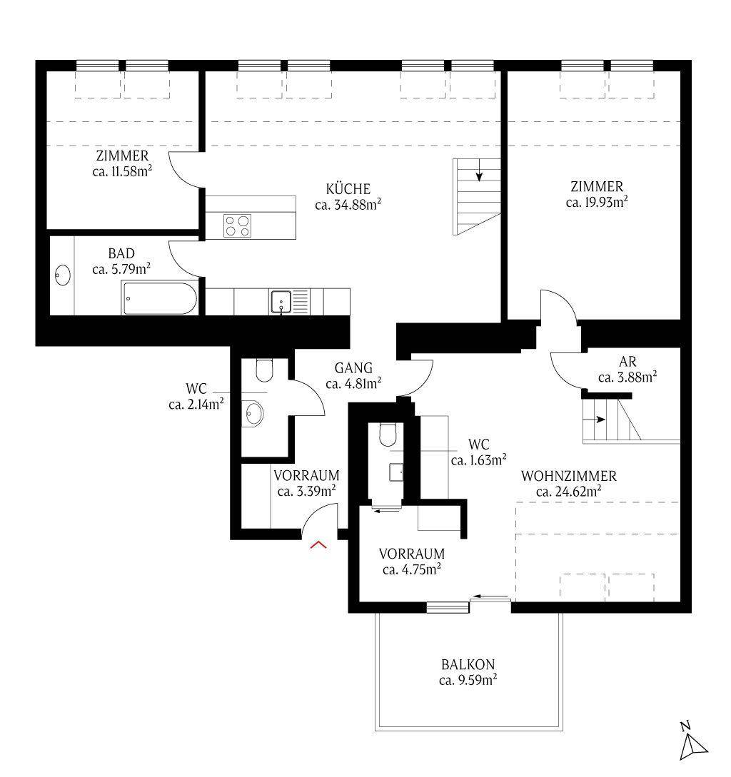 Grundriss der unteren Ebene mit Wohnzimmer, Küche und Balkon.