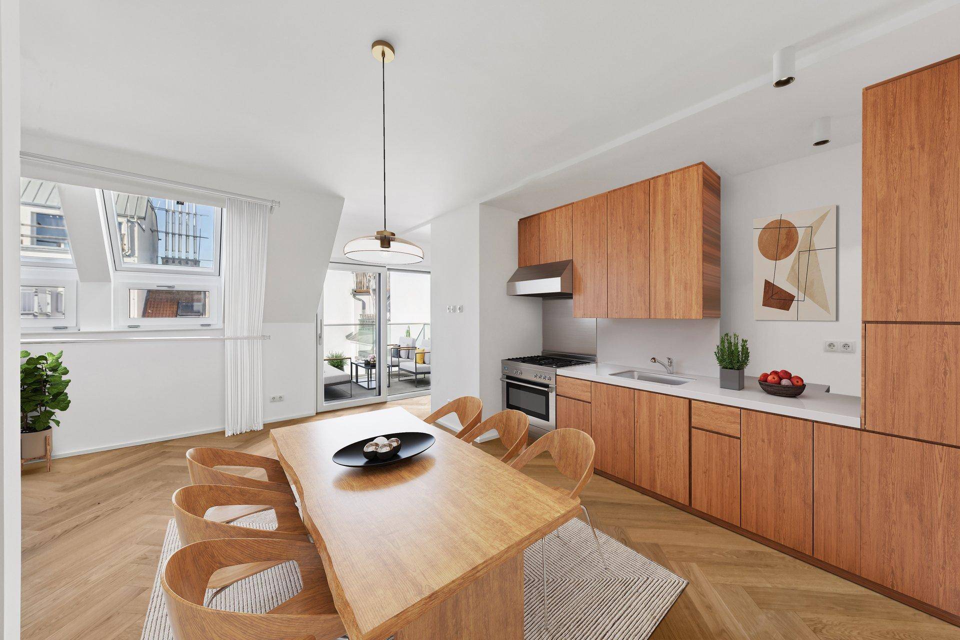 Offene Küche mit Essbereich, Holzelementen und Zugang zu einem Balkon.