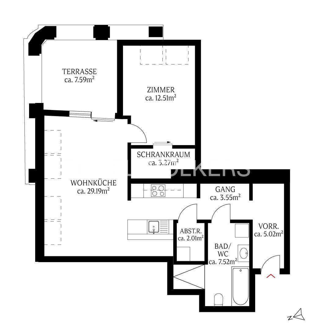 Detaillierter Grundriss der Wohnung mit Terrasse, Wohnküche und Schlafzimmer.