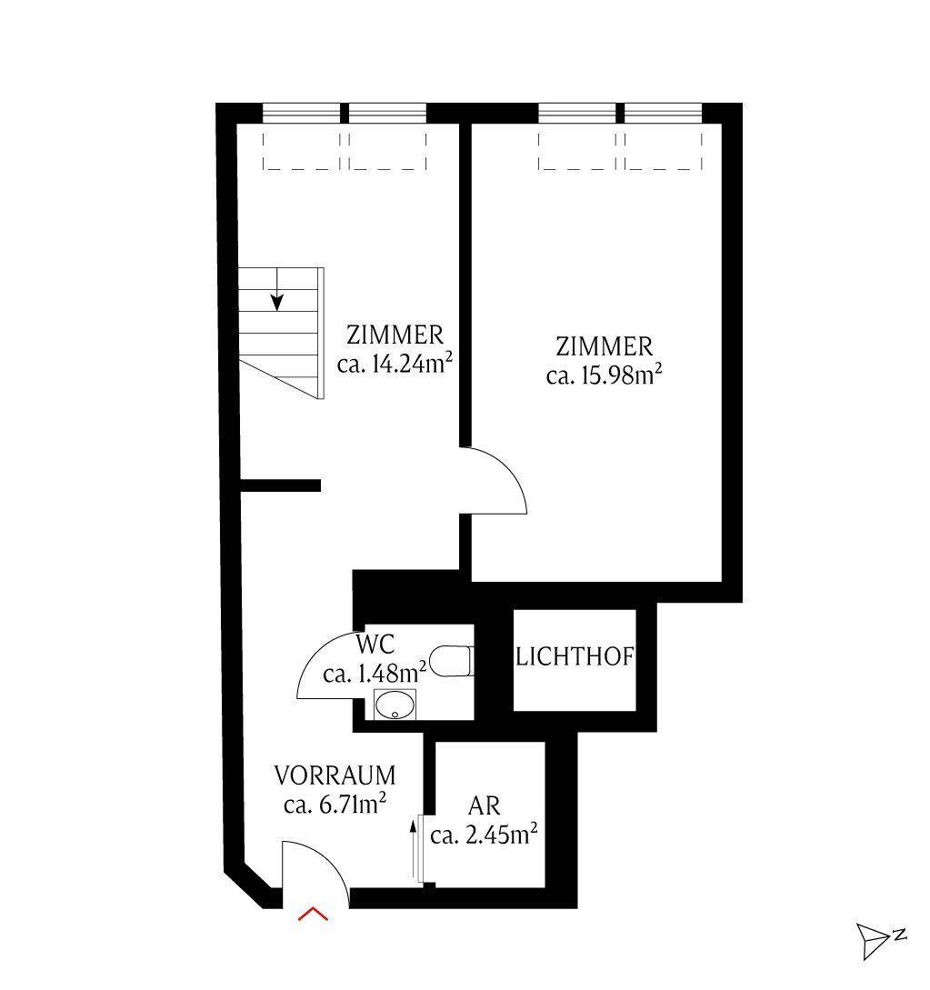 Grundriss des Obergeschosses mit zwei Zimmern, WC und Abstellraum.