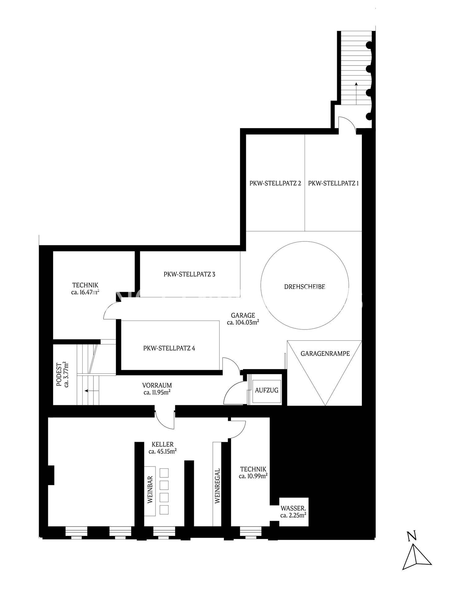 Grundriss des Untergeschosses mit Tiefgarage, mehreren Stellplätzen und Weinkeller.