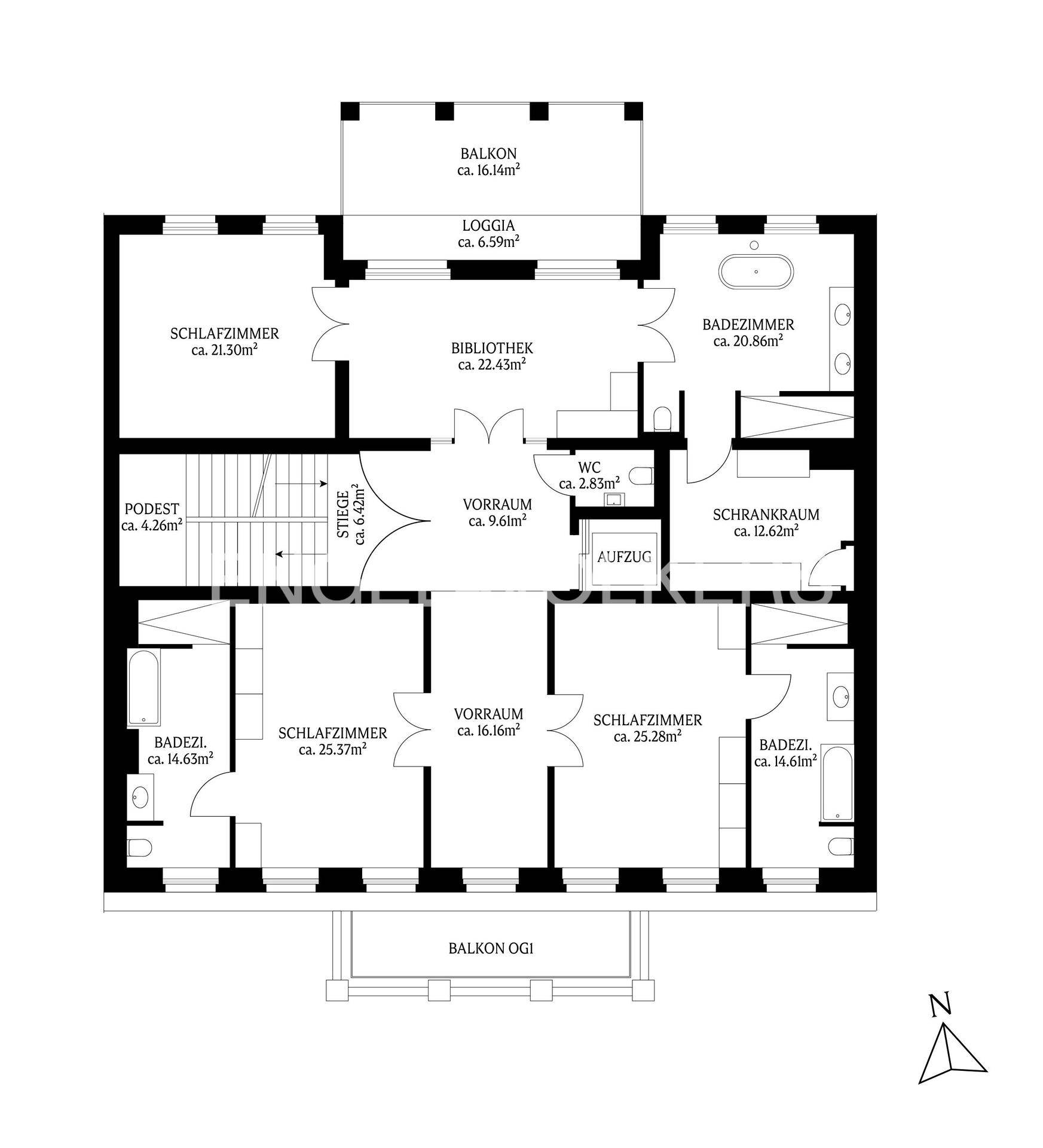 Grundriss eines Obergeschosses mit mehreren Schlafzimmern, Bädern und Ankleidezimmer.