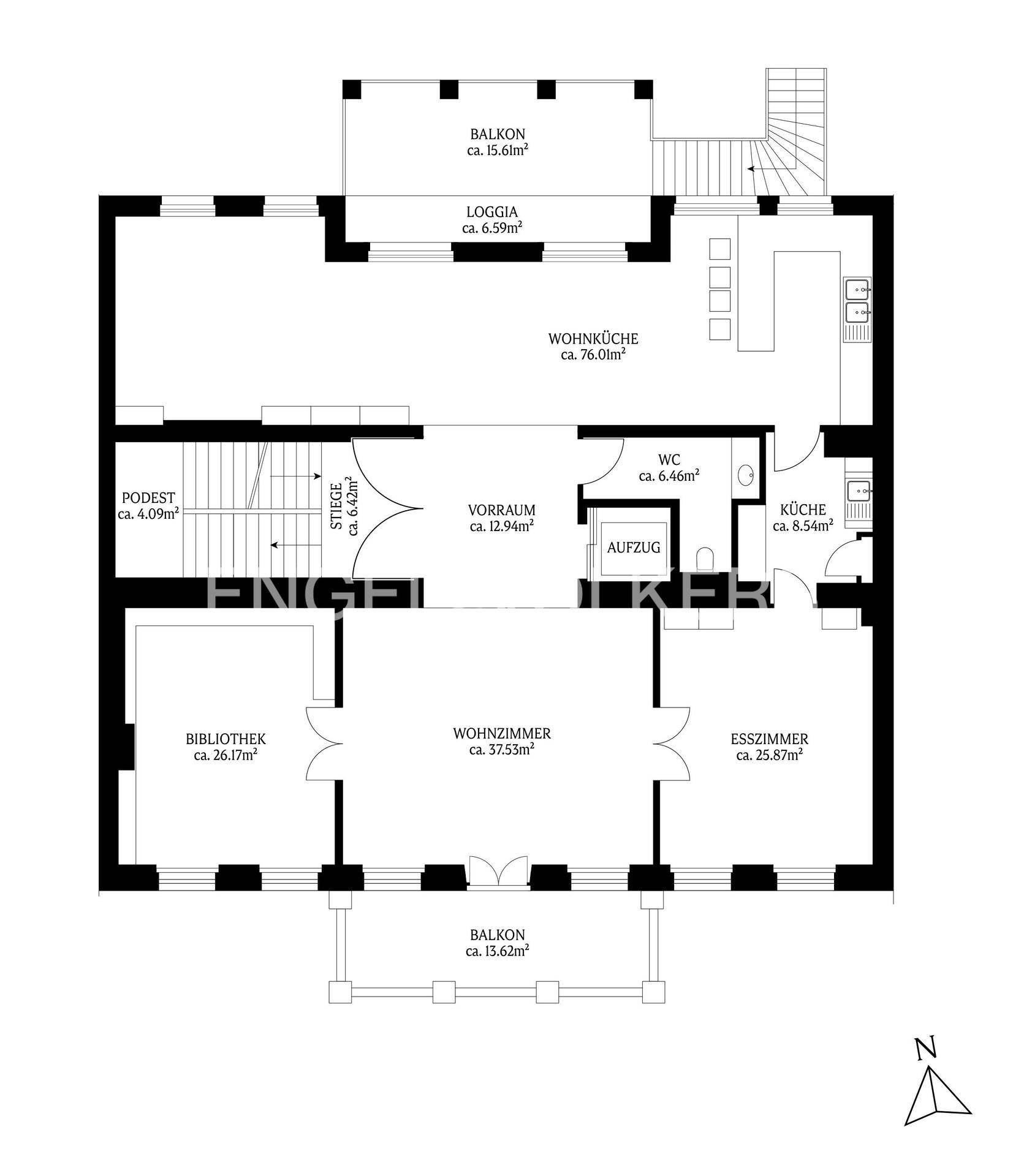 Grundriss eines Obergeschosses mit Wohnküche, Wohnzimmer, Esszimmer und Balkonen.