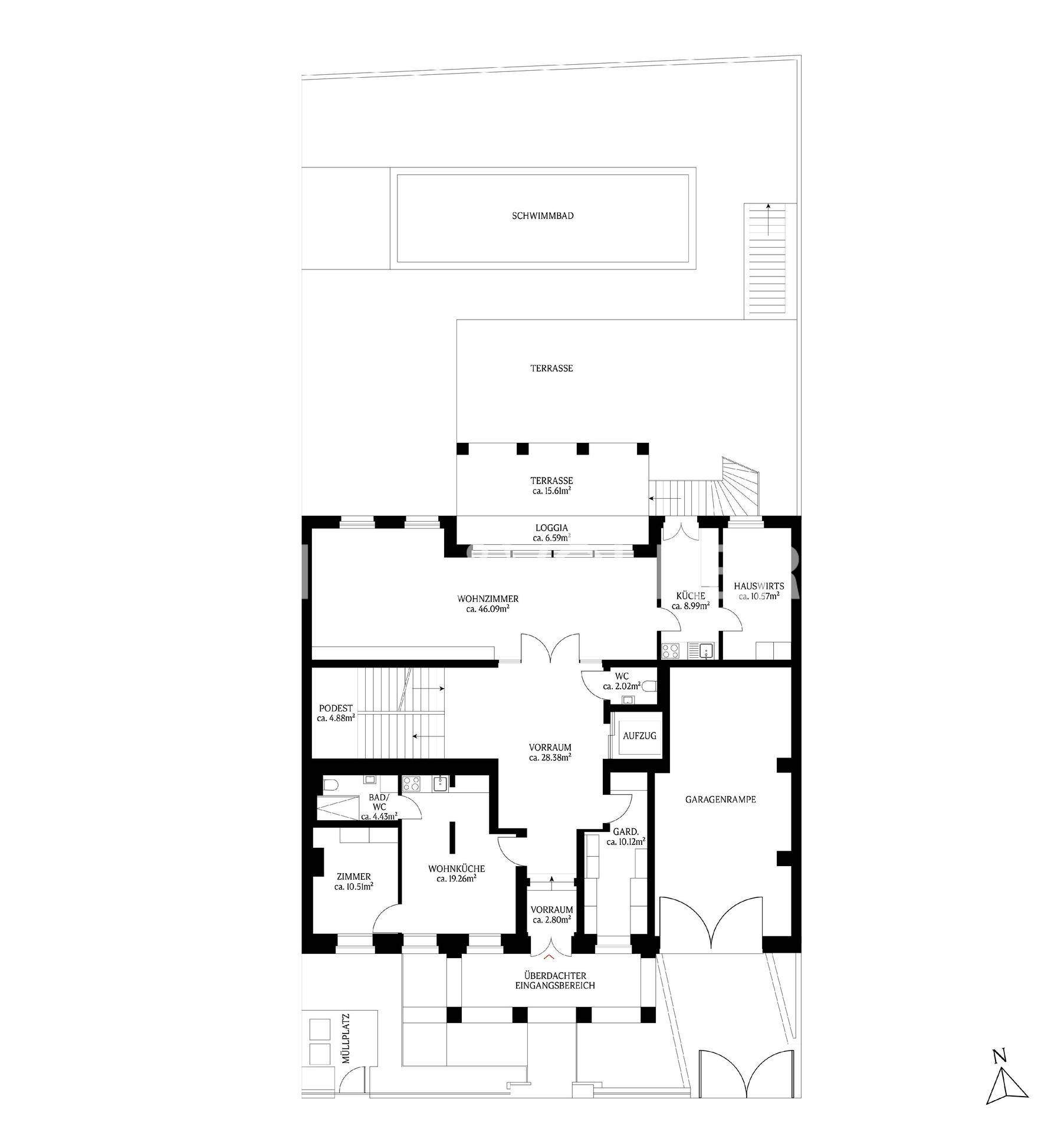 Grundriss des Erdgeschosses mit Schwimmbad, Terrasse, Wohnzimmer und Garage.