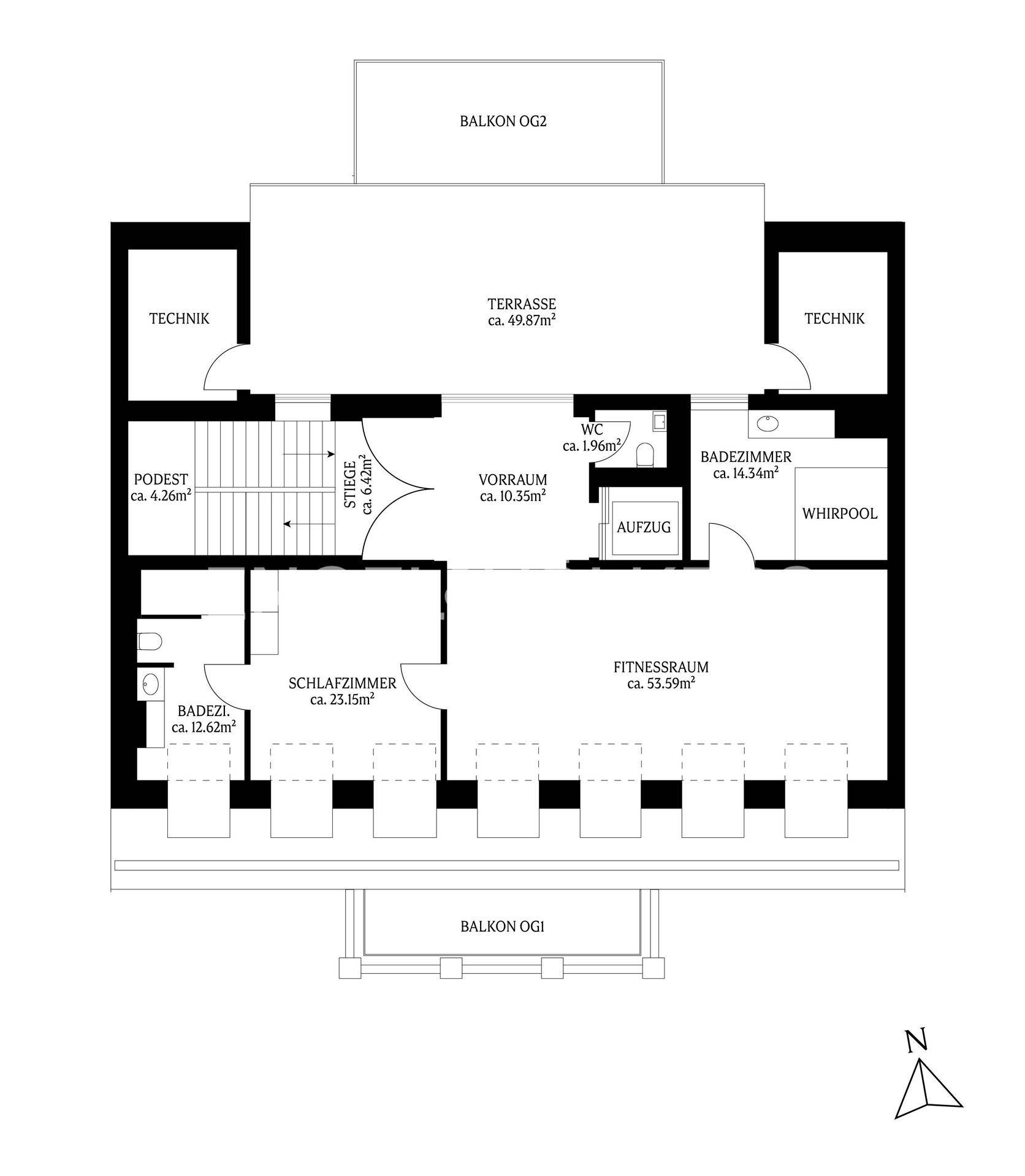 Grundriss des Dachgeschosses mit Schlafzimmer, Fitnessraum, Whirlpool und großer Terrasse.
