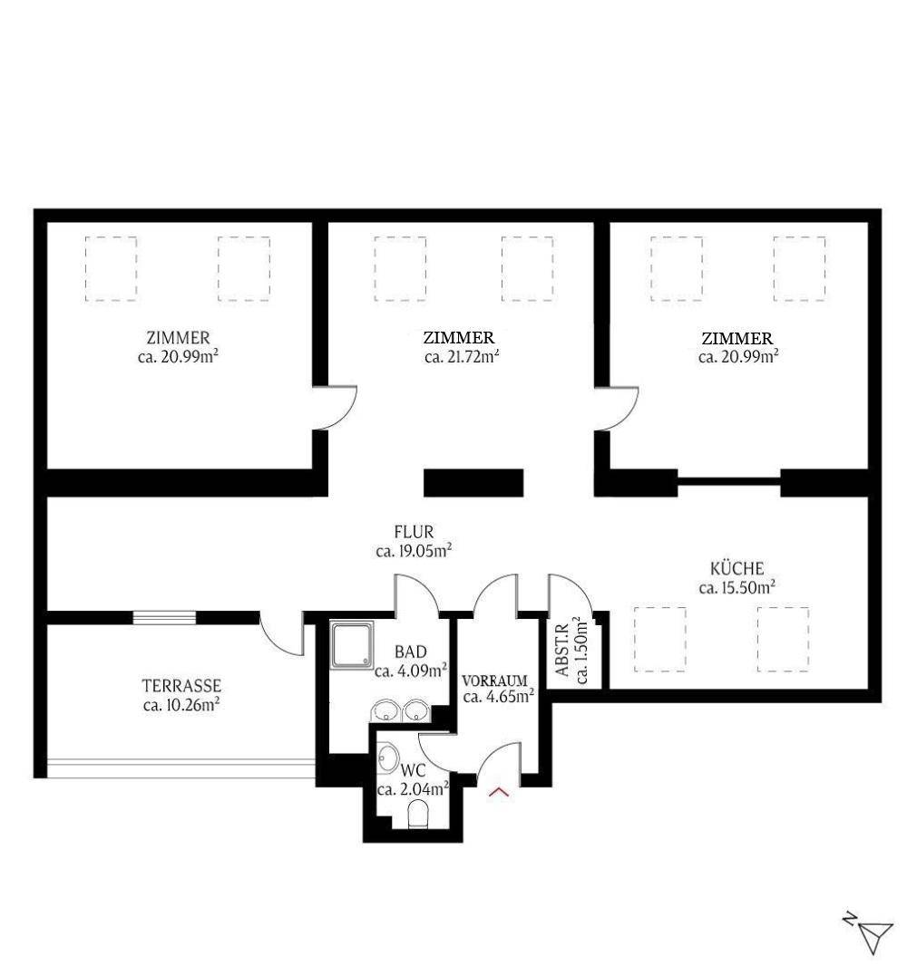 Grundriss der Wohnung mit drei Zimmern, Terrasse, Bad und separatem WC.