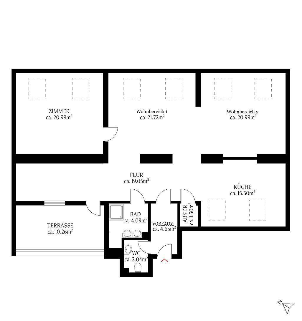 Grundriss der Wohnung mit Zimmern, Bad, WC und Terrasse.
