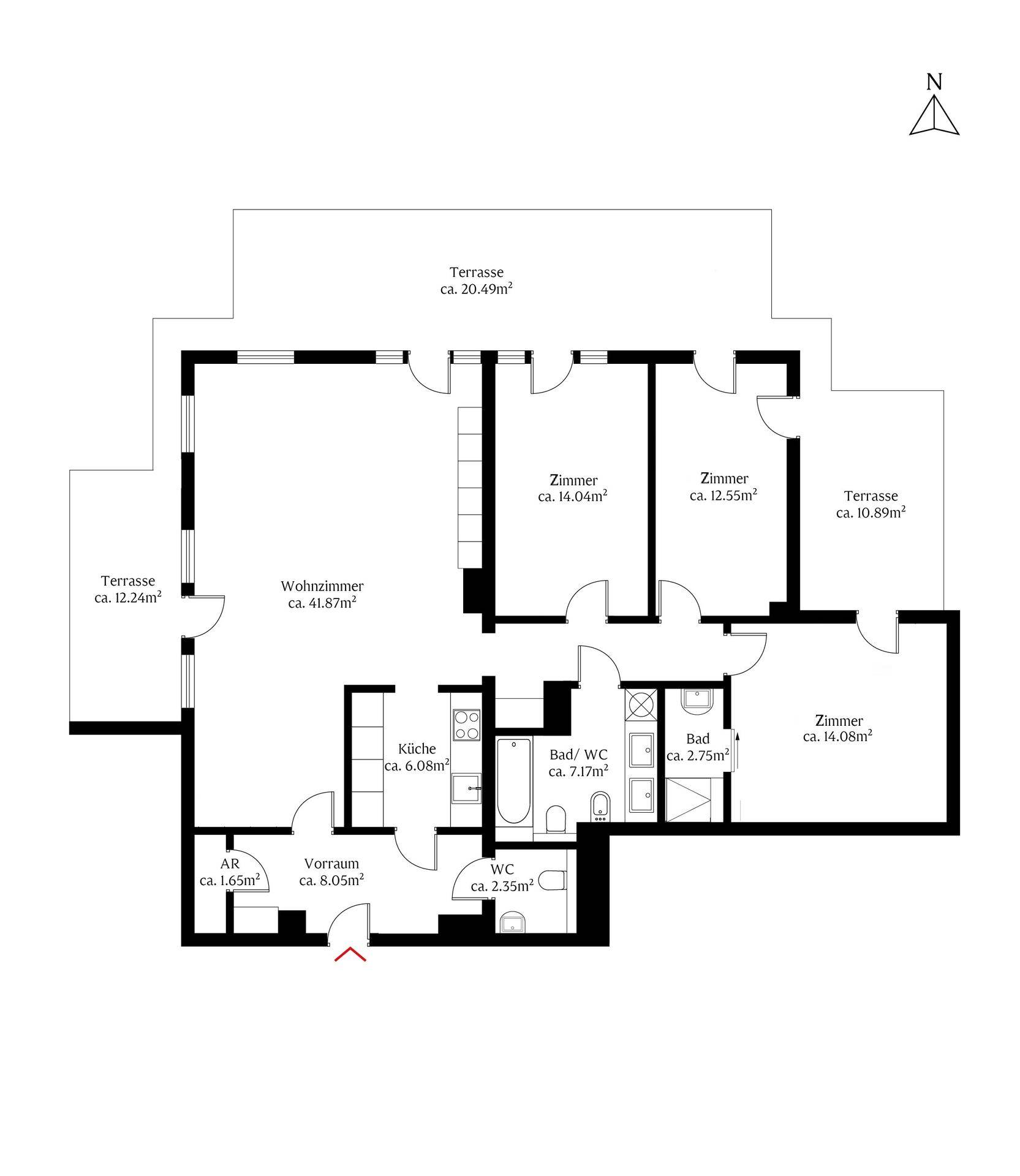 Detaillierter Grundriss mit Raumaufteilung, Terrassen und Flächenangaben.