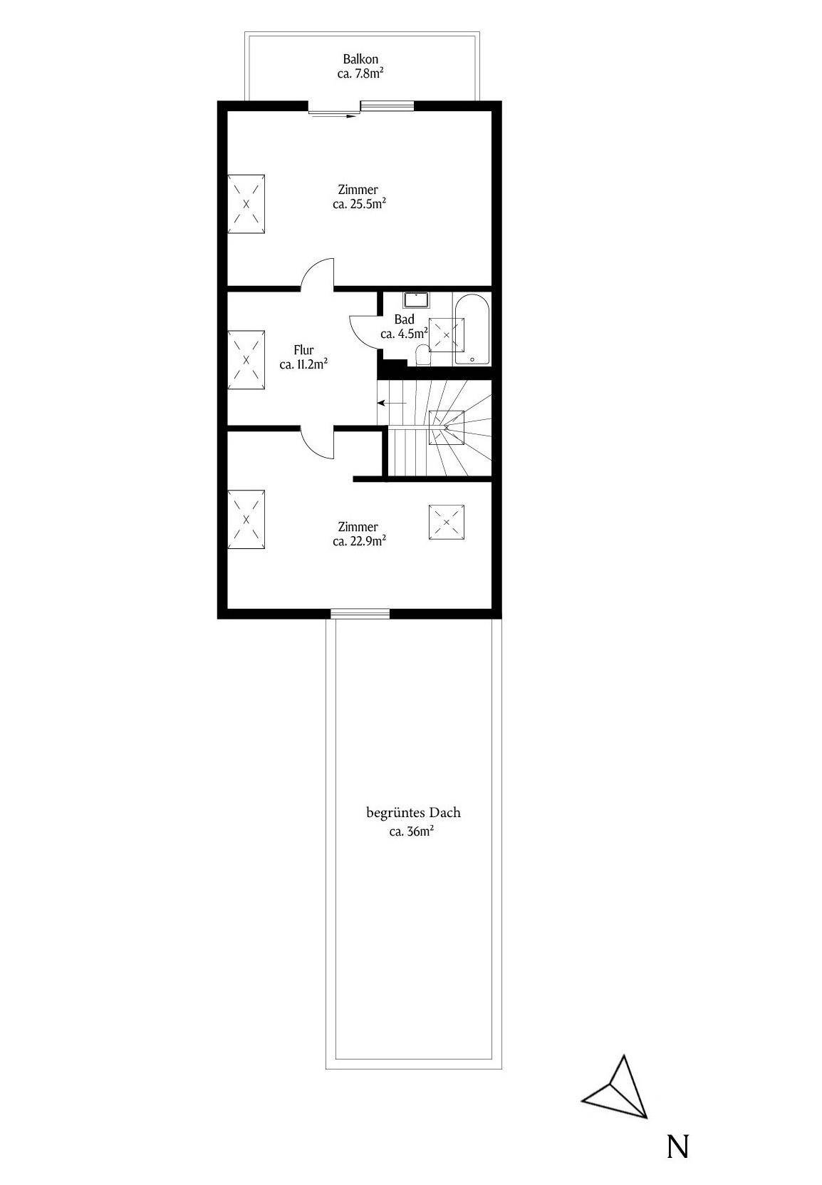 Grundriss des Obergeschosses mit zwei Zimmern, Bad und Balkon.