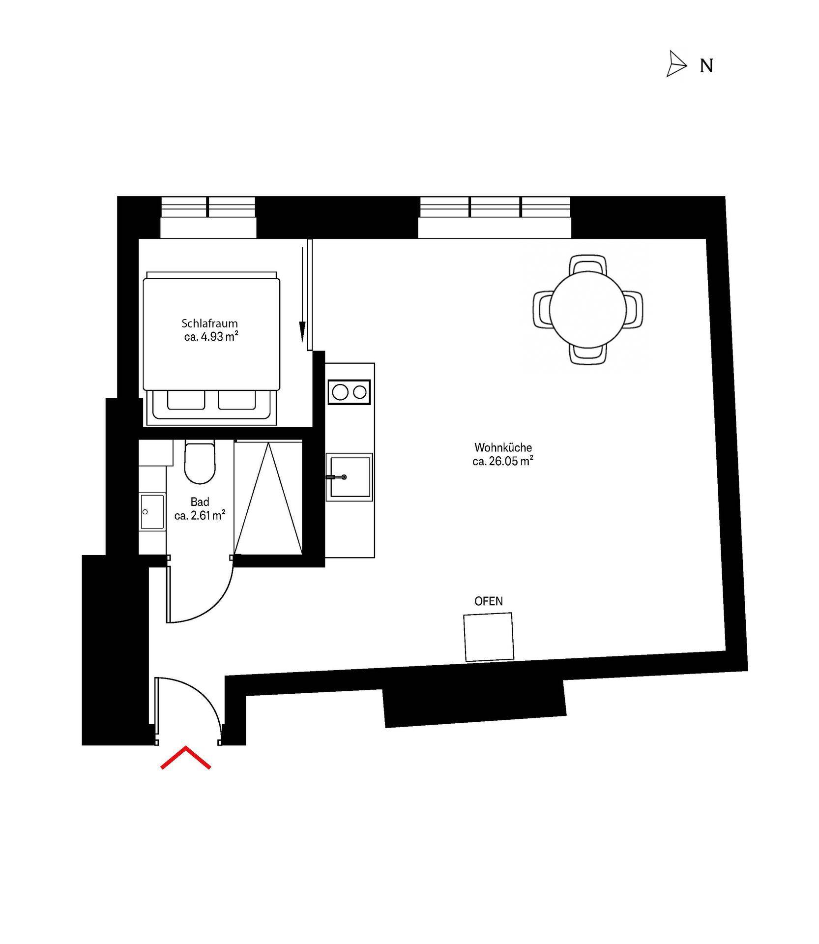 Grundriss der Wohnung mit Schlafzimmer, Wohnküche und Bad, inklusive Flächenangaben.
