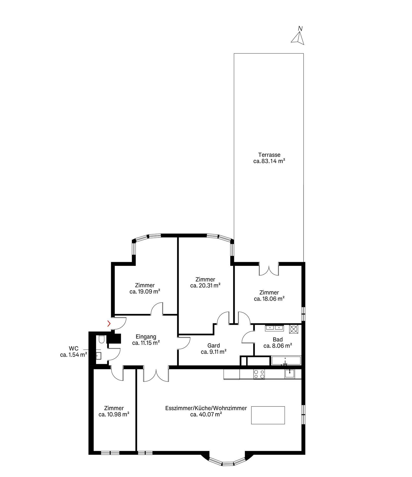 Grundriss der Wohnung mit Terrasse, mehreren Zimmern, Bad und offenem Wohnbereich.