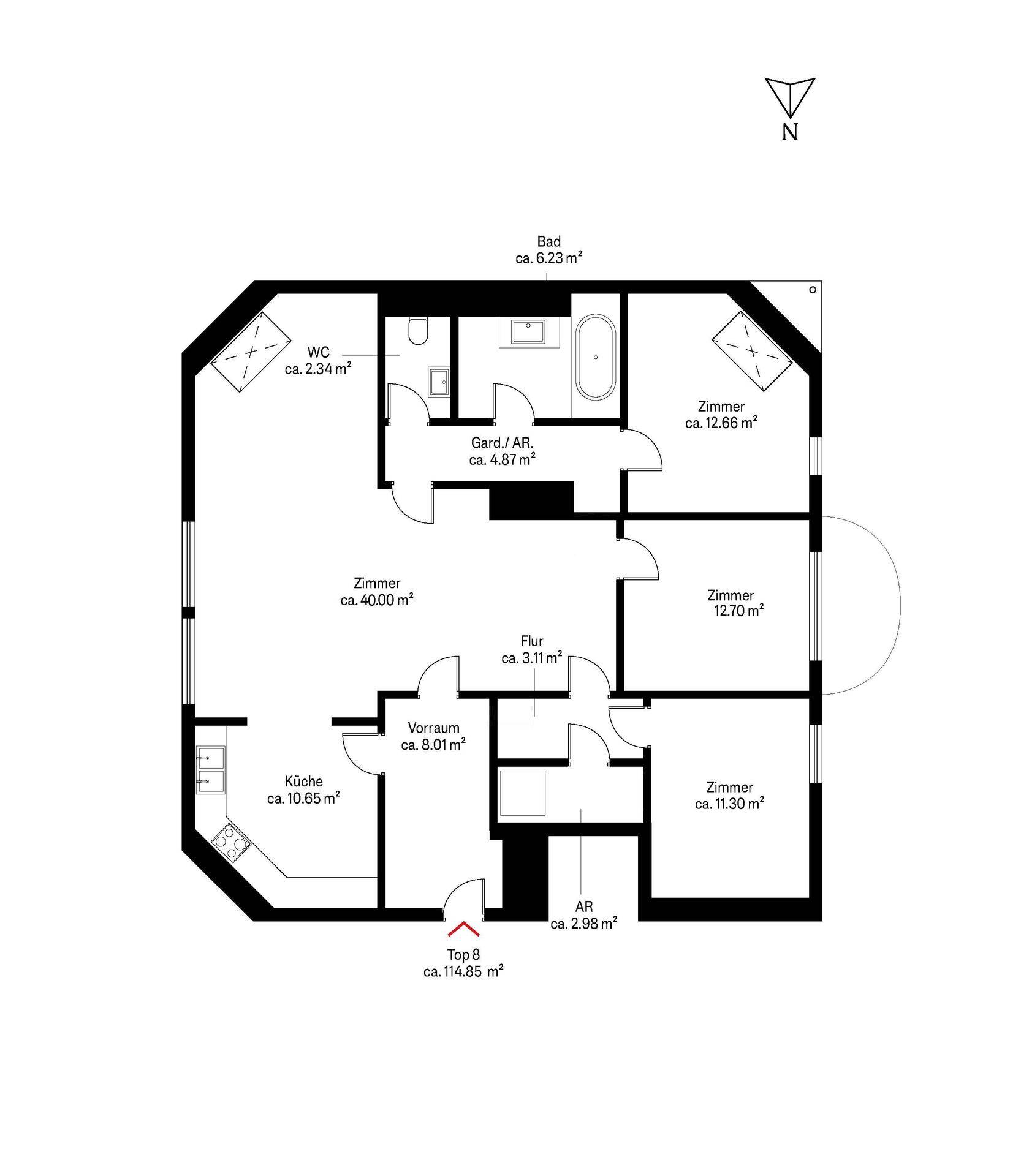 Grundriss der Wohnung mit optimierter Raumaufteilung, Bad, WC und Küche auf ca. 114,85 m².