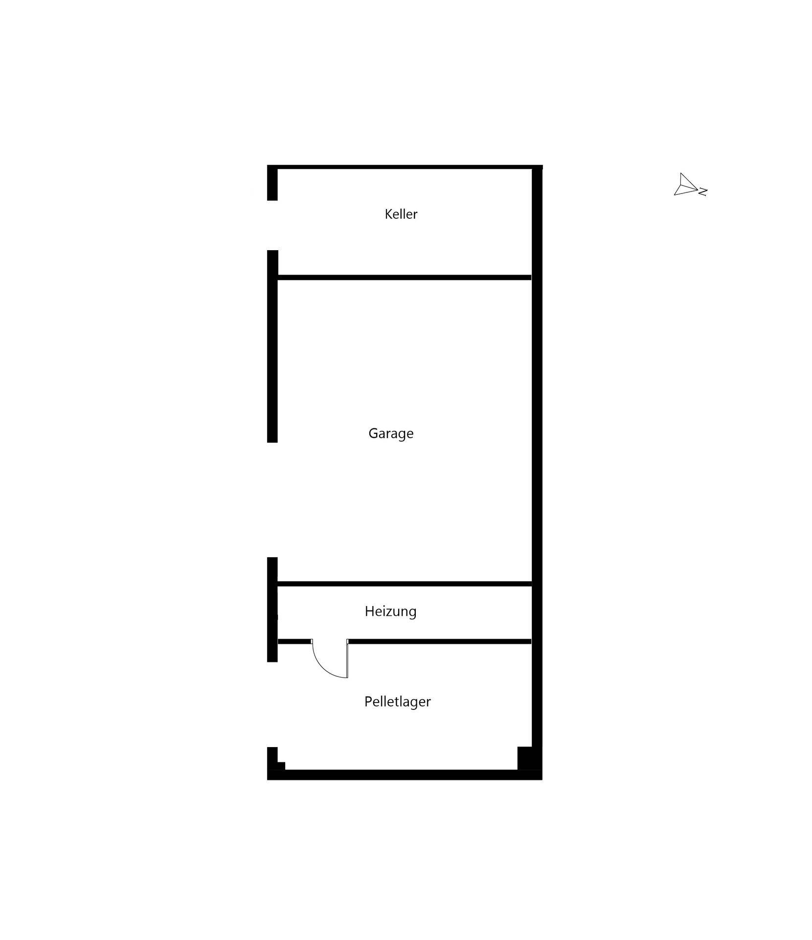Grundriss des Untergeschosses mit Keller, Garage, Heizung und Pelletlager.