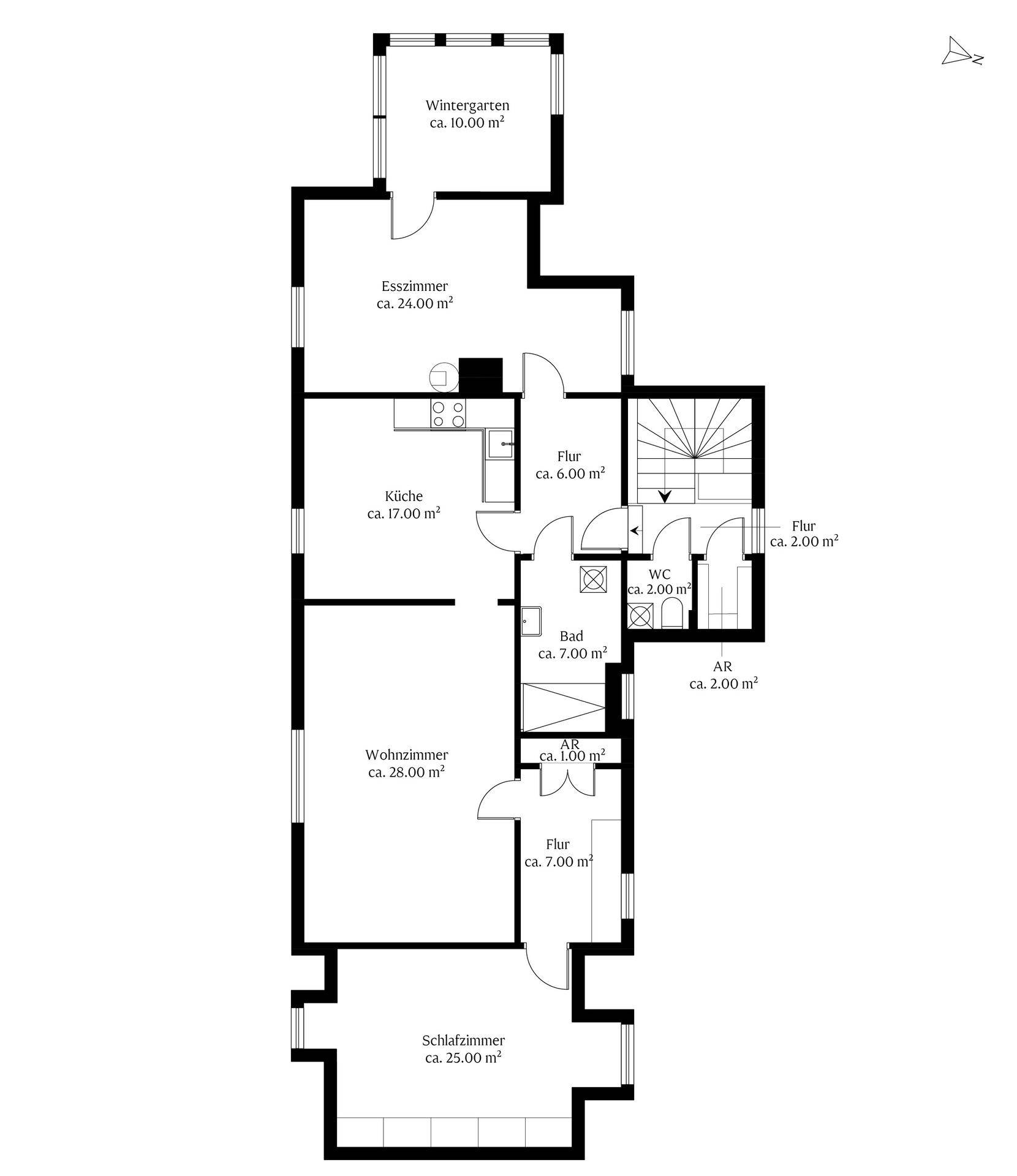 Grundriss des Obergeschosses mit Wintergarten, Esszimmer, Küche und Bad.
